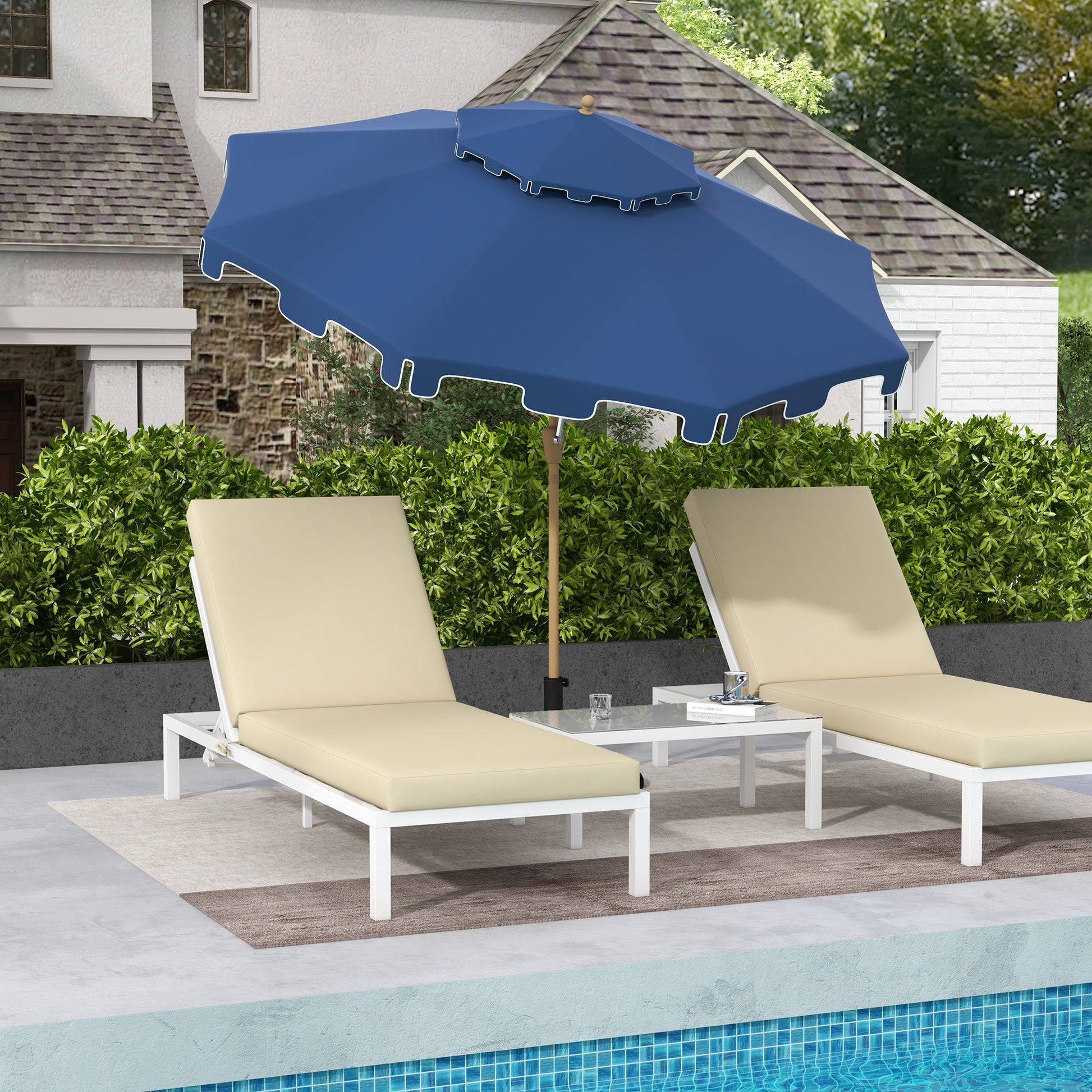 Outsunny 9' Patio Umbrella With Push Button Tilt And Crank, Double Top Ruffled Outdoor Market Table Umbrella With 8 Ribs, For Garden, Deck, Pool, Dark Blue Dark Blue Polyester