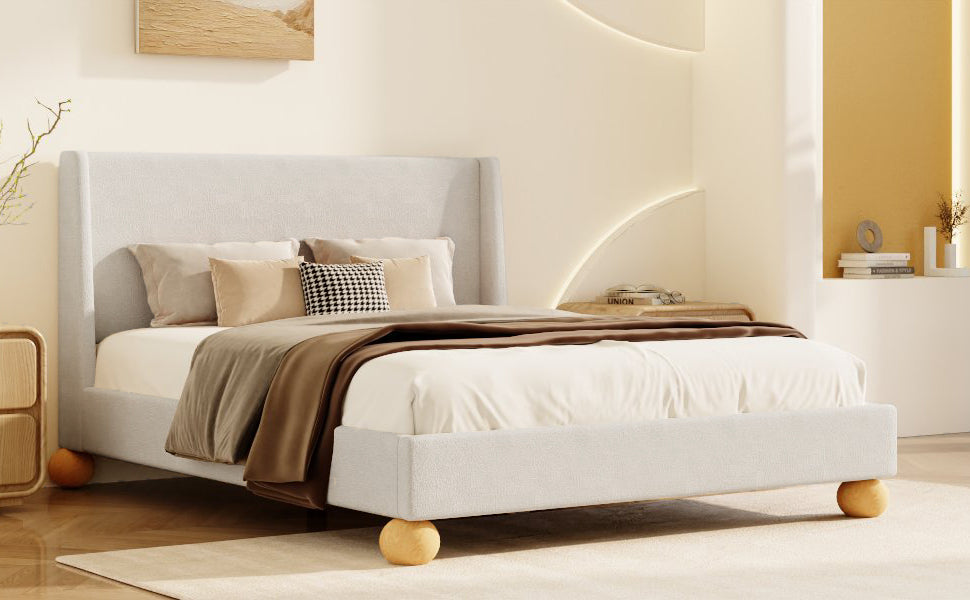 Modern Boucle Upholstered Platform Bed With Wingback Headboard And Round Wooden Legs, Beige,King Size Old Sku:Wf531853Aab Box Spring Not Required King Beige Wood Bedroom Modern Bed Frame Boucle Wood