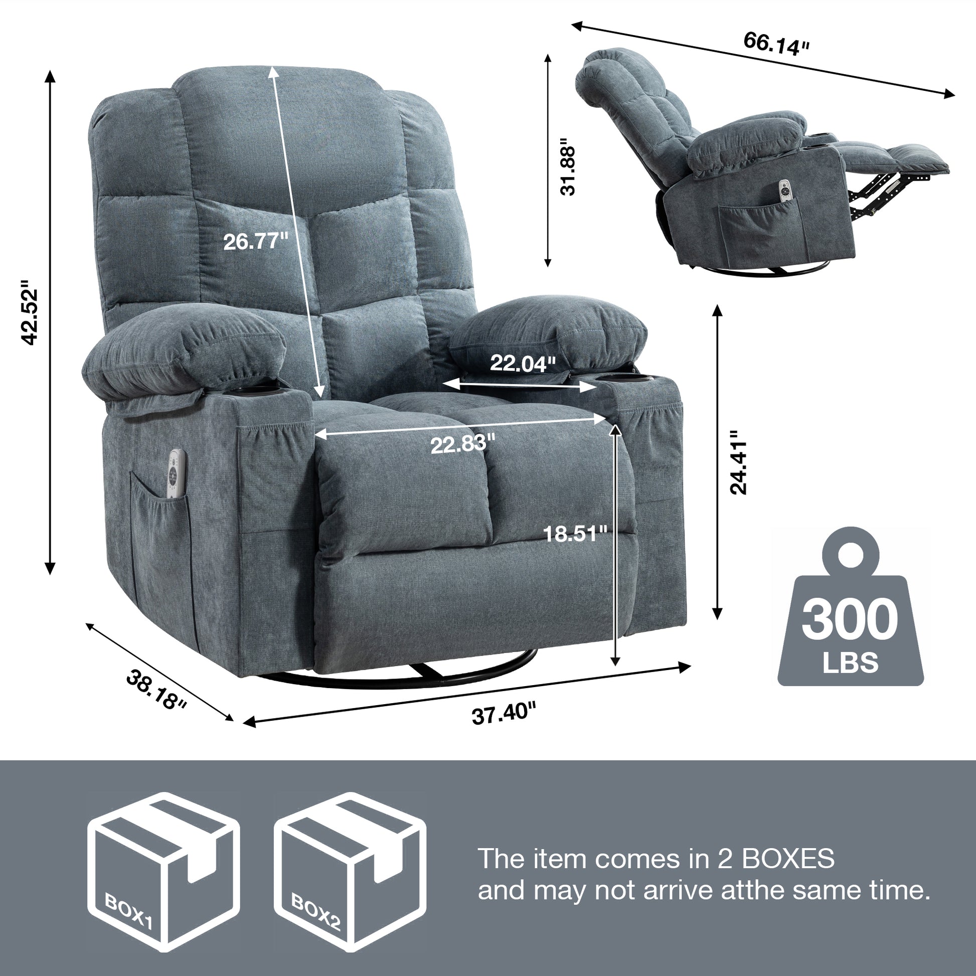 Massage Rocker Recliner Chair Rocking Chairs For Adults Oversized With 2 Cup Holders, Usb Charge Port Soft Features A Manual Massage And Heat.A B Blue Blue Soft Heavy Duty Foam Metal & Wood