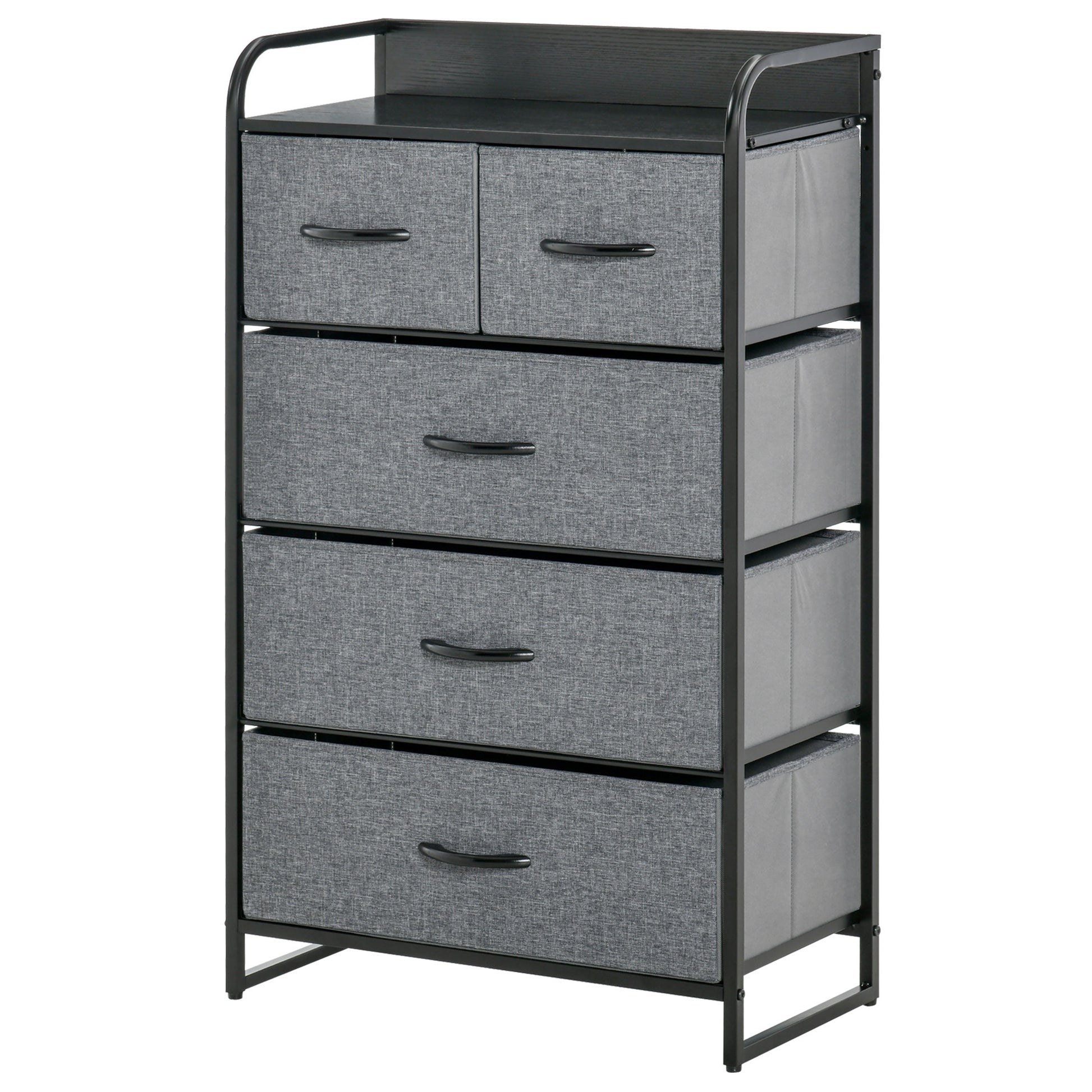 Homcom 5 Drawer Dresser, Fabric Chest Of Drawers, 4 Tier Storage Organizer For Bedroom Entryway, Tower Unit With Steel Frame Wooden Top, Gray Gray Linen