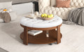 Modern Large Round Ottoman Coffee Table 2 Tier Oversized Button Tufted Ottoman With Wood Shelf Storage Upholstered Coffee Table For Living Room Footrest Ottoman With Wheel, Waterproof Linen Ivory White Rubber Wood