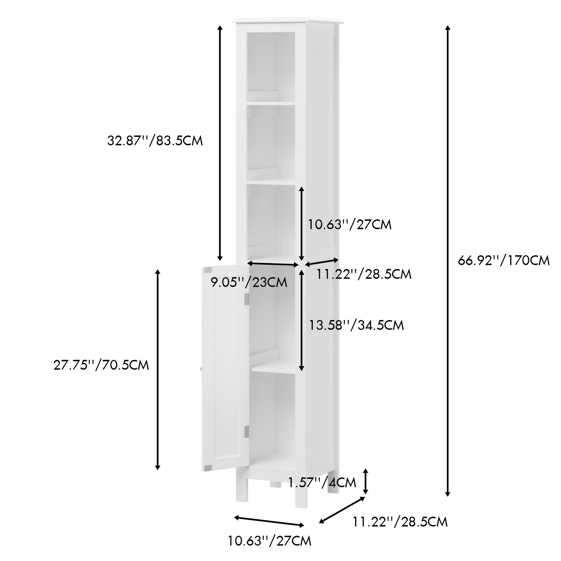 66.92" Tall Bathroom Storage Cabinet With Adjustable Shelves,1 Doors Freestanding Cabinet With Anti Tip, Open Compartments, For Home, Small Spaces, Bathroom,Kitchen, Living Room, White White 1 3 60 In & Above Mdf