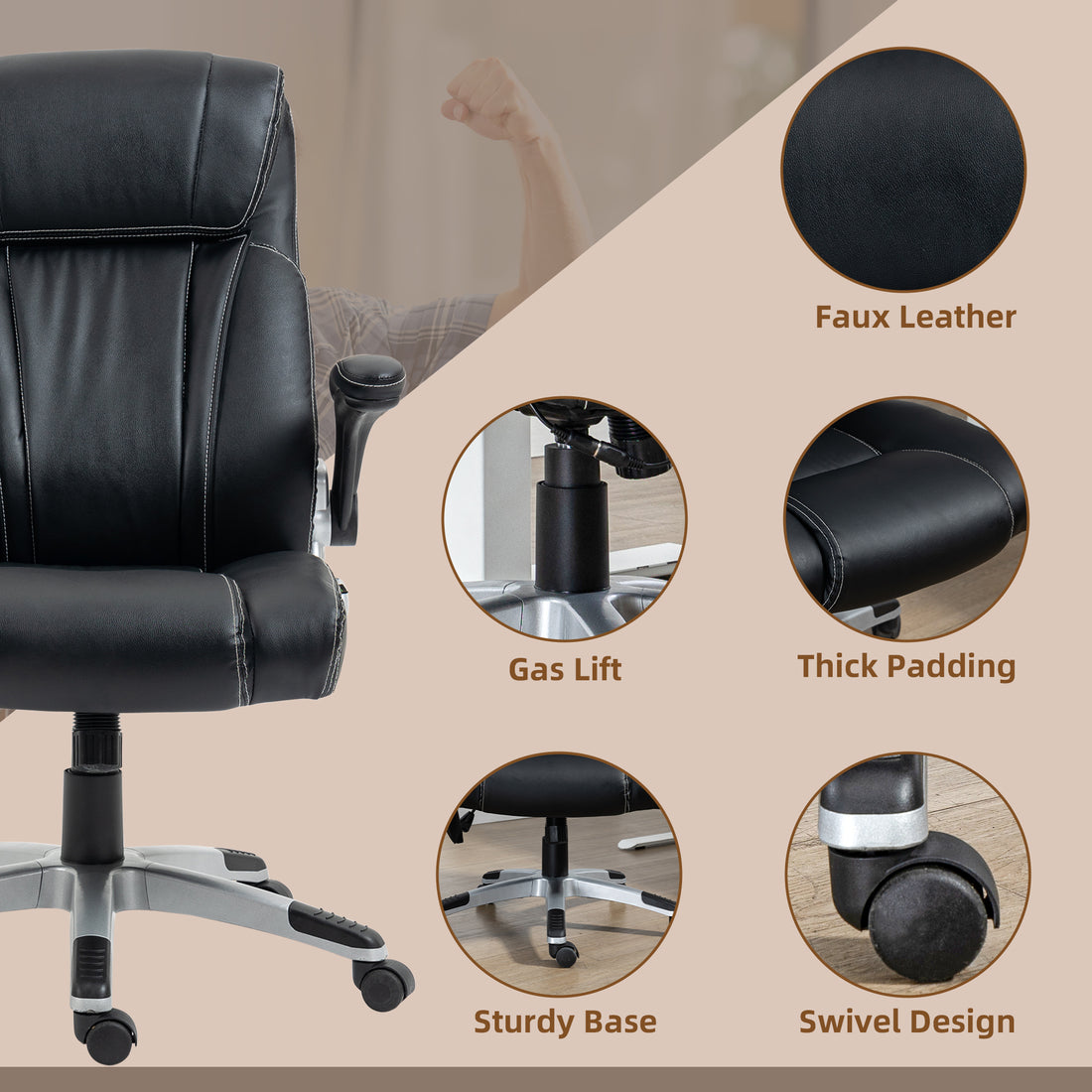 Vinsetto Executive Massage Office Chair With 6 Vibration Points, Heated Faux Leather Computer Desk Chair With Flip Up Armrest, Adjustable Height, Swivel Wheels, Black Black Leather