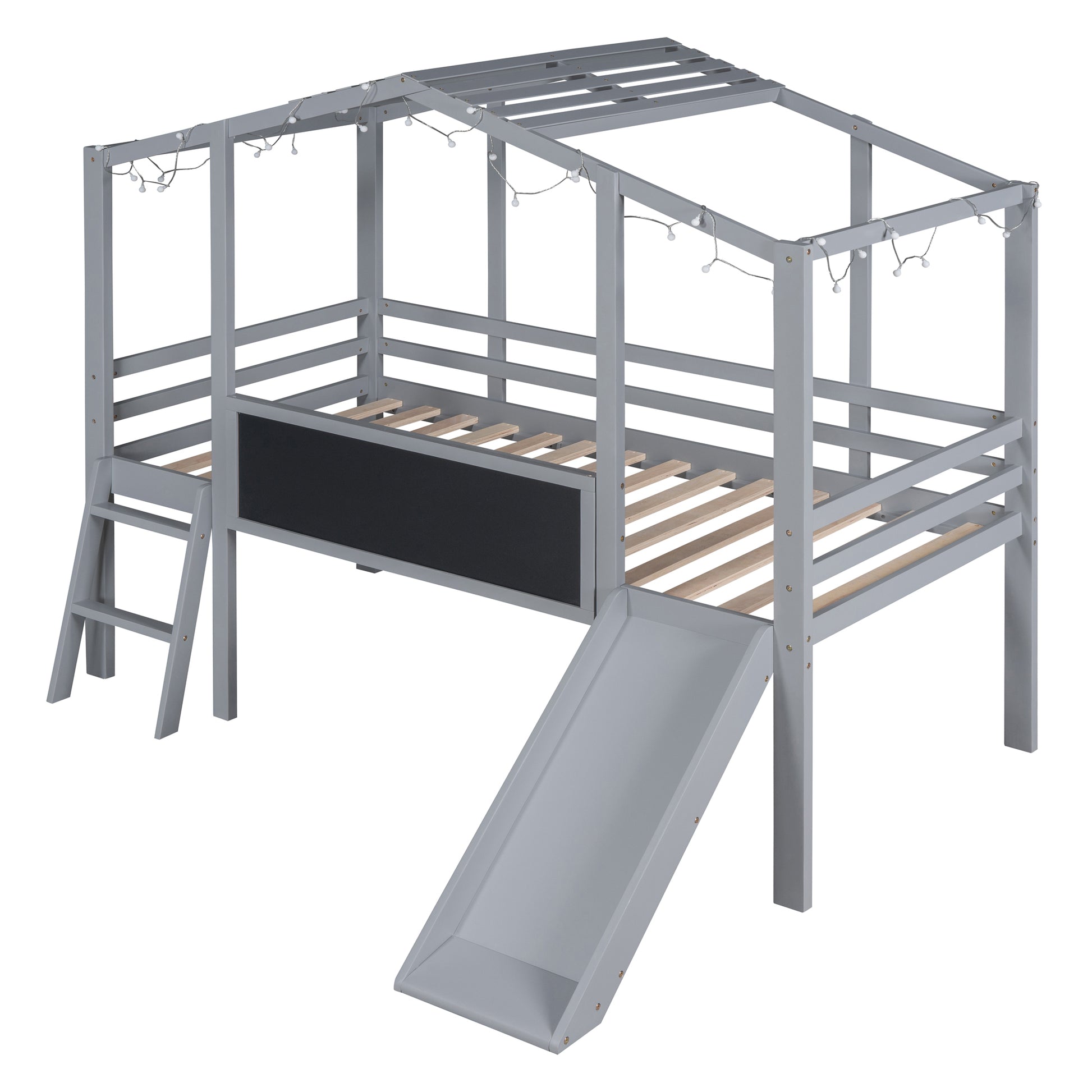 Twin Size Loft Bed With Ladder And Slide, House Bed With Blackboard And Light Strip On The Roof, Gray Twin Gray Solid Wood Mdf