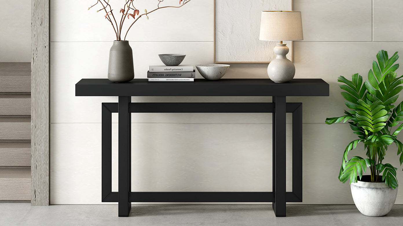 Contemporary Console Table With Wood Top, Extra Long Entryway Table For Entryway, Hallway, Living Room, Foyer, Corridor Black Solid Wood Mdf