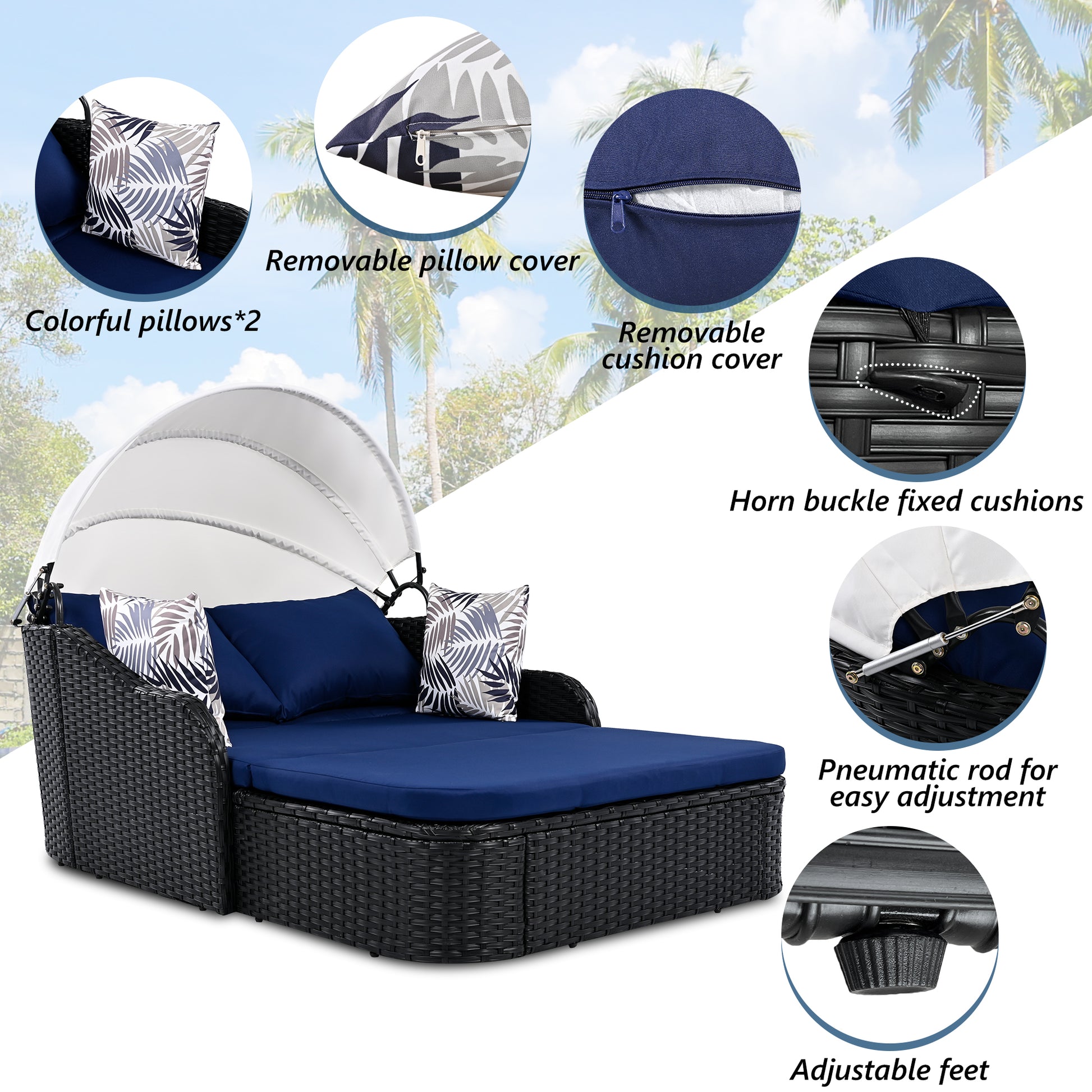 79.9" Outdoor Sunbed With Adjustable Canopy, Double Lounge, Pe Rattan Daybed, Black Wicker And Blue Cushion Yes Black Blue Wicker