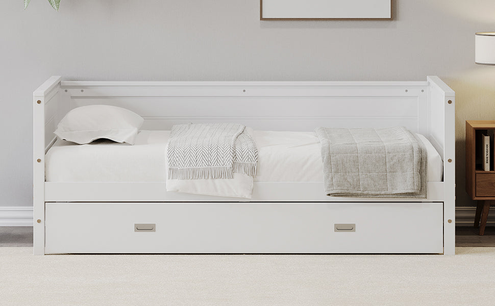 Twin Size Solid Wood Daybed With Trundle For Kids Teens Dorm Bedroom Multipurpose Guest Room Or Home, White Box Spring Not Required Twin White Wood Bedroom Pine Wood