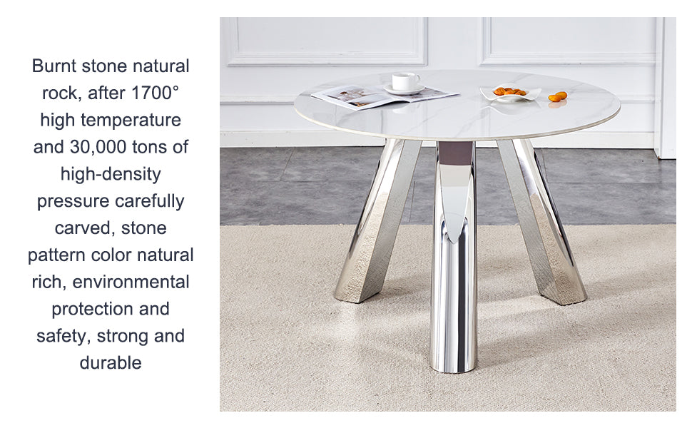 A 42 Inch Stainless Steel Leg Round Table With A Marble Top Is Suitable For Use By Four Or Six People Warm Grey,White Marble Metal,Sintered Stone