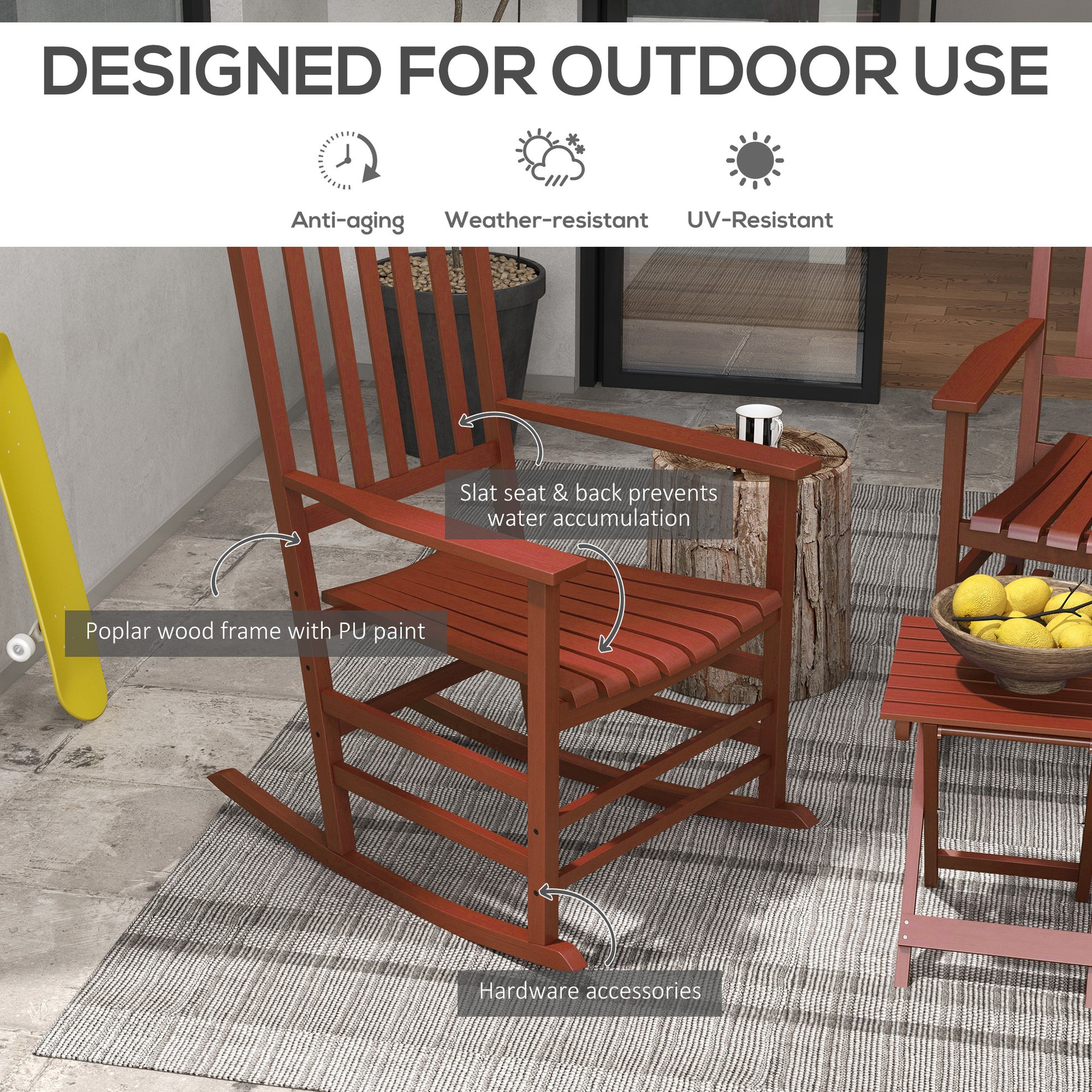 Outsunny Outdoor Rocking Chair Set Of 2 With Side Table, Patio Wooden Rocking Chair With Smooth Armrests, High Back For Garden, Balcony, Porch, Supports Up To 352 Lbs., Wine Red Red Wood