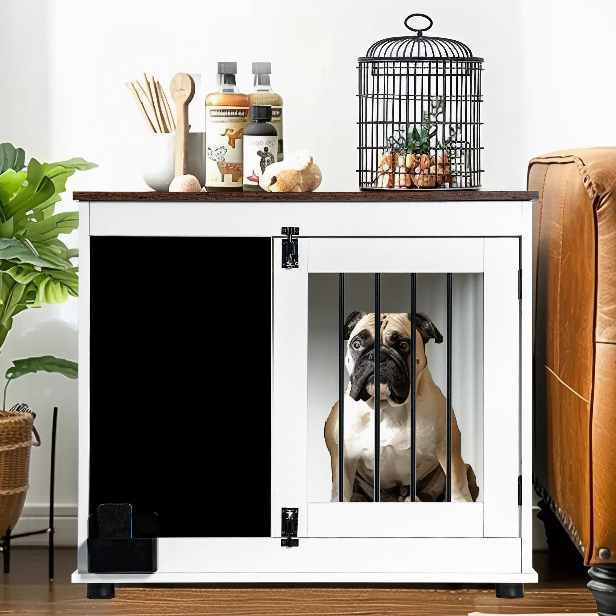 Doodle Dog Cage,Kennel With 2 Doors, Dog Crate Interior Furniture, Heavy Duty Wooden Dog Cage For Medium And Small Dogs, White White Vintage Particle Board