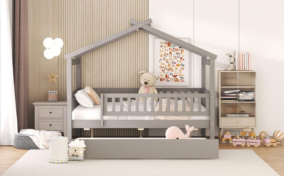 Full Size Wooden House Bed With Twin Size Trundle, Gray Full Gray Solid Wood Mdf