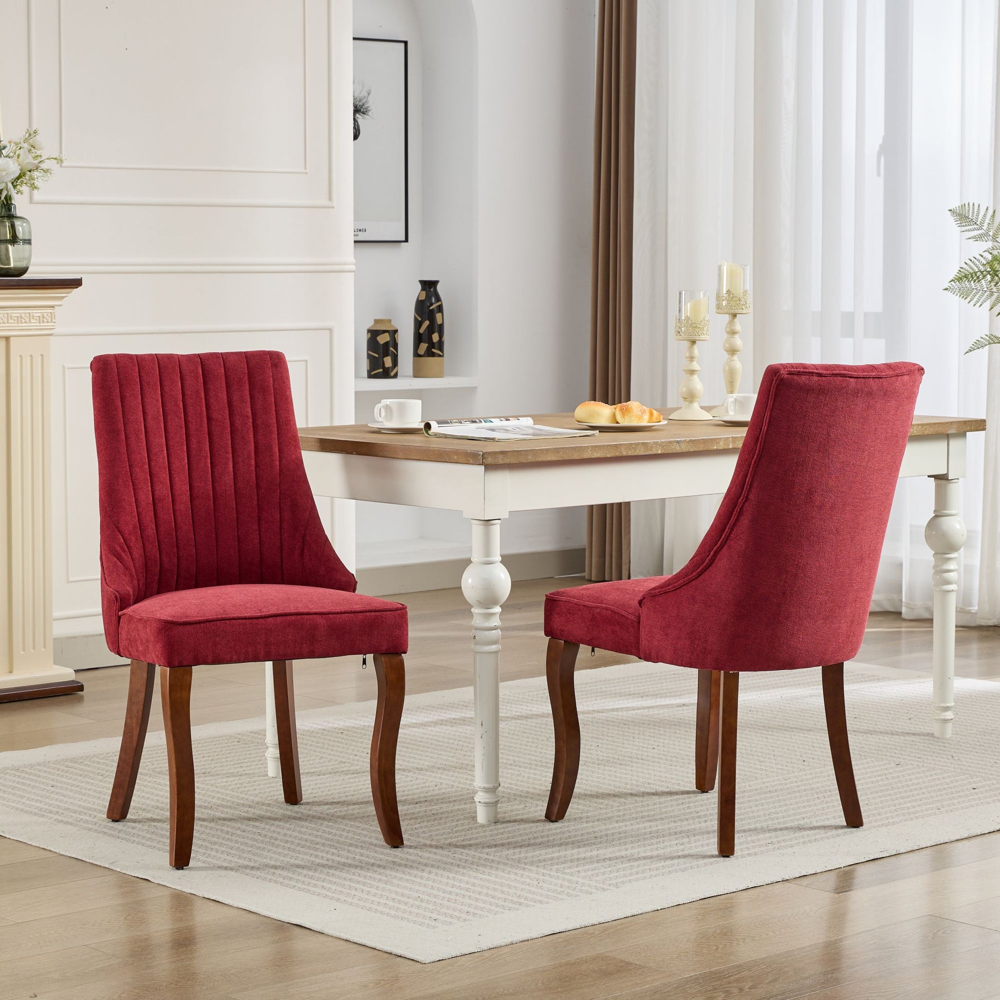 Rayon Cloth Flocking Linen Dining Chairs Channel Kitchen Dinner Chair Comfy Fabric Upholstered Accent Chair For Dining Room With Curved Solid Wood Legs,Set Of 2 Wine Red , Sw1847Wr Wine Red Light