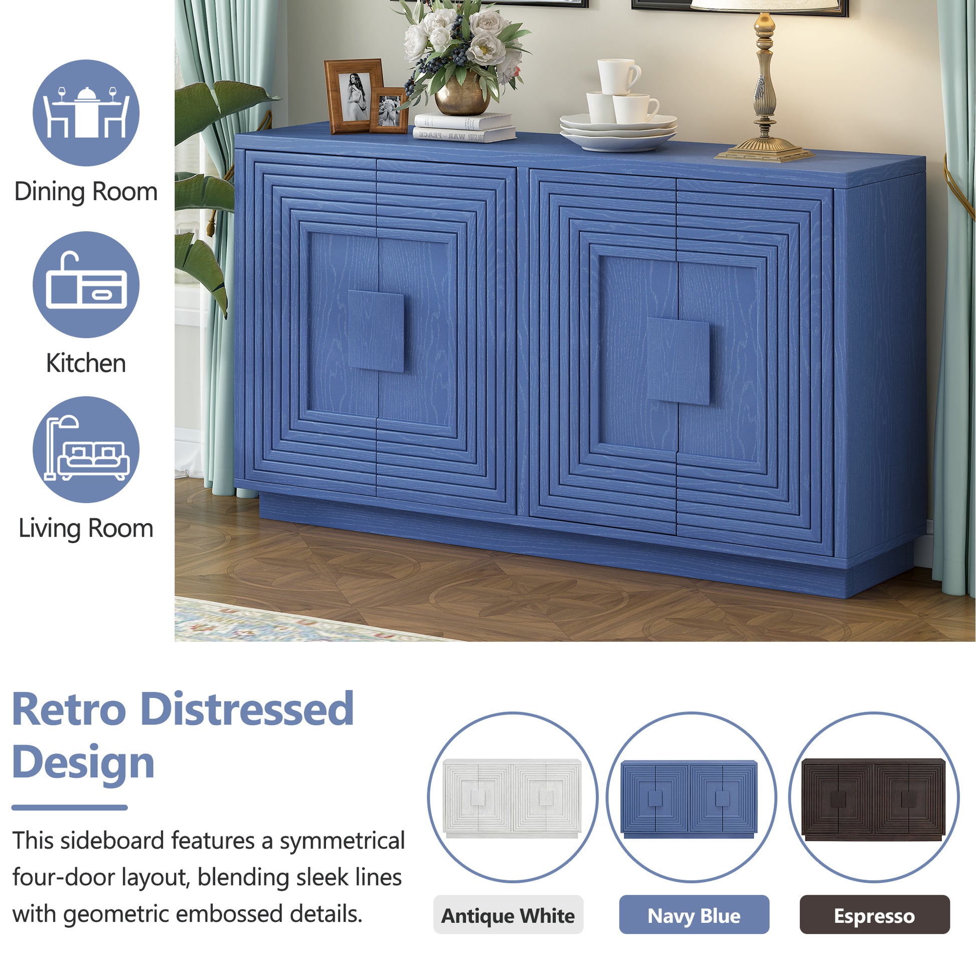 Vintage Distressed 4 Door Sideboard With Adjustable Shelves And Geometric Pattern For Dining Room, Kitchen And Living Room Navy Blue Navy Blue Solid Wood Mdf