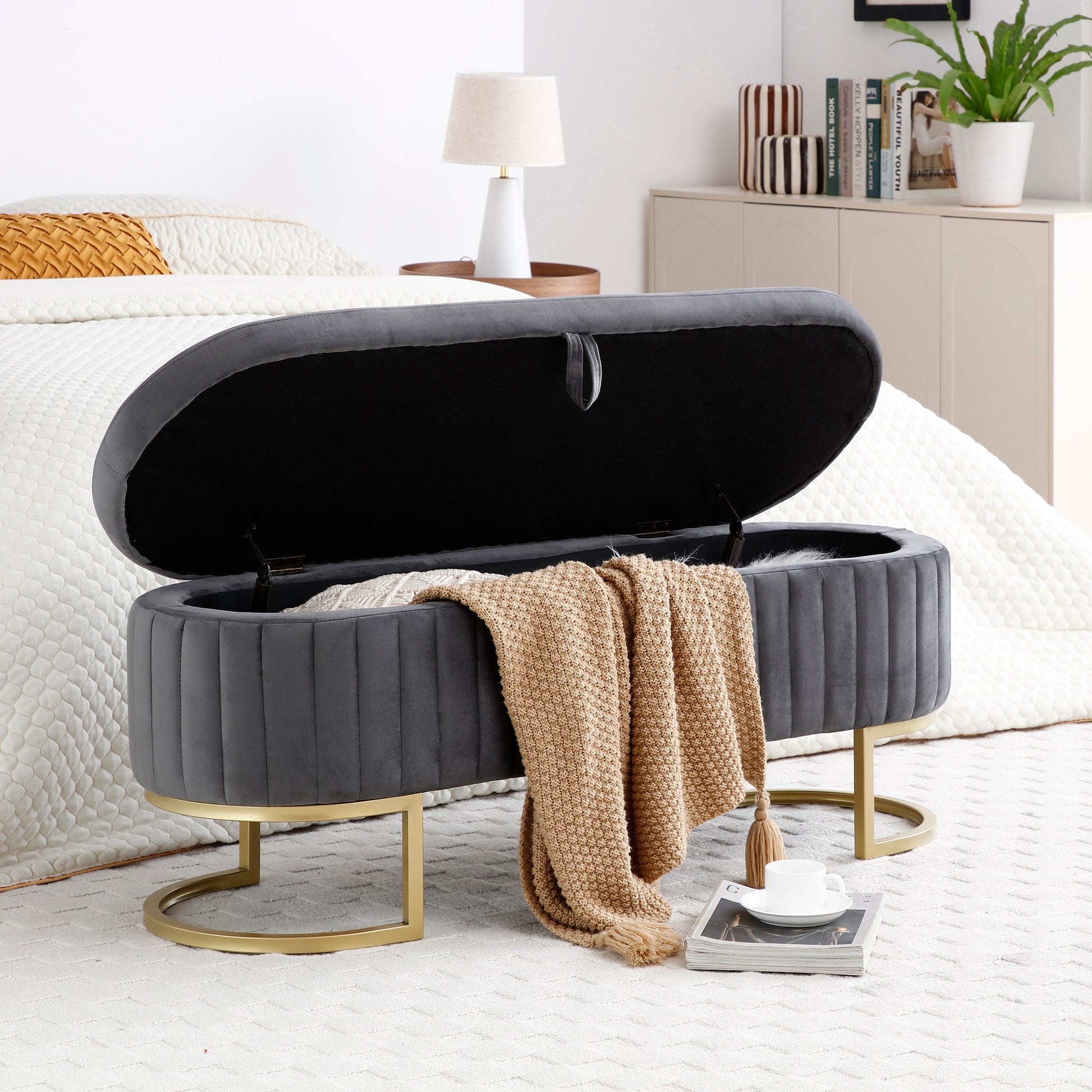 Storage Bench Bedroom Bench, Velvet Oval Upholstered End Of Bed Bench With Golden Metal Legs,50"Modern Storage Ottoman Bench For Bedroom, Living Room,Entryway,Window, Grey Grey Velvet