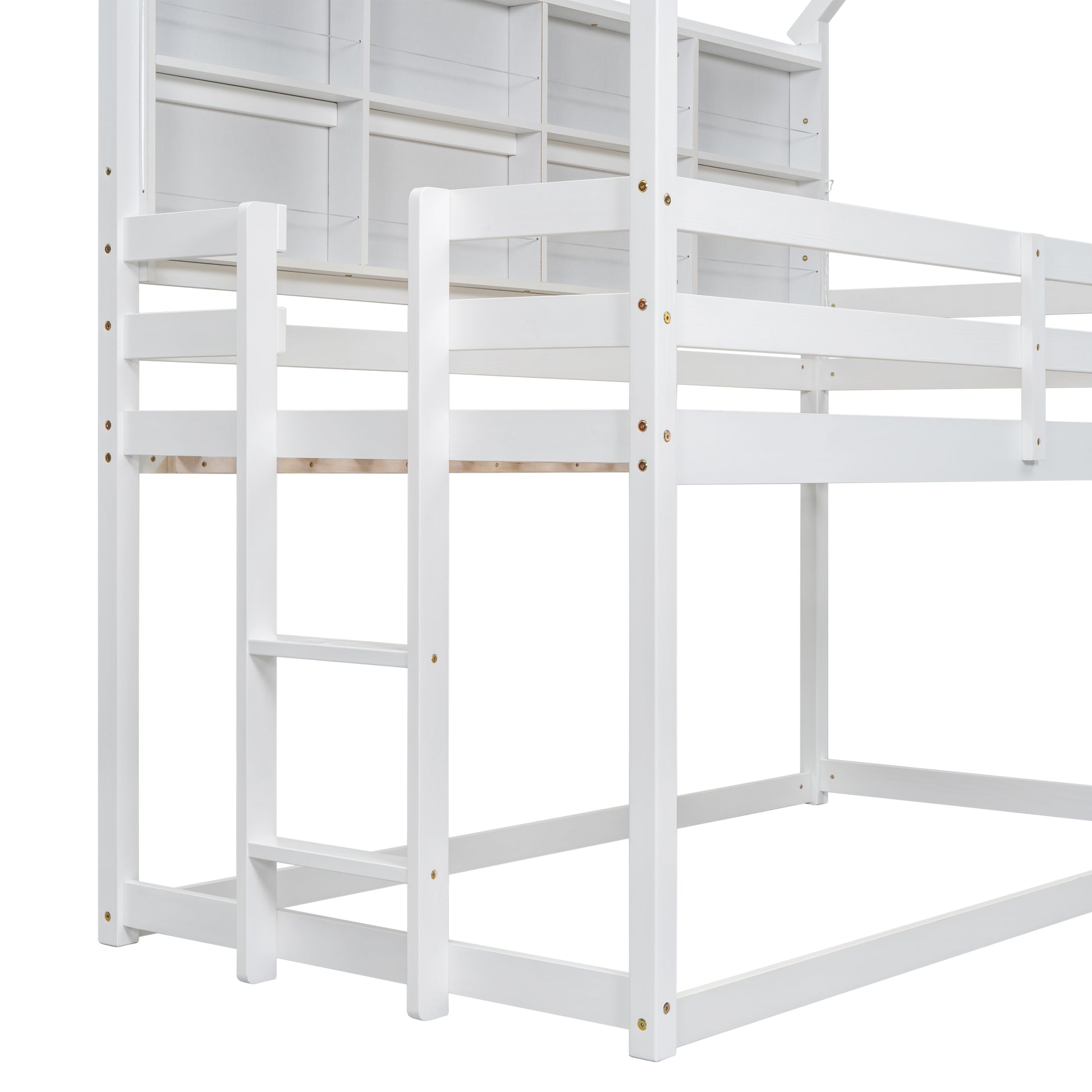 Twin House Loft Bed With Guardrails, Semi Enclosed Roof, Bedside Shelves And Ladder, White Twin White Bedroom American Design Pine Pine