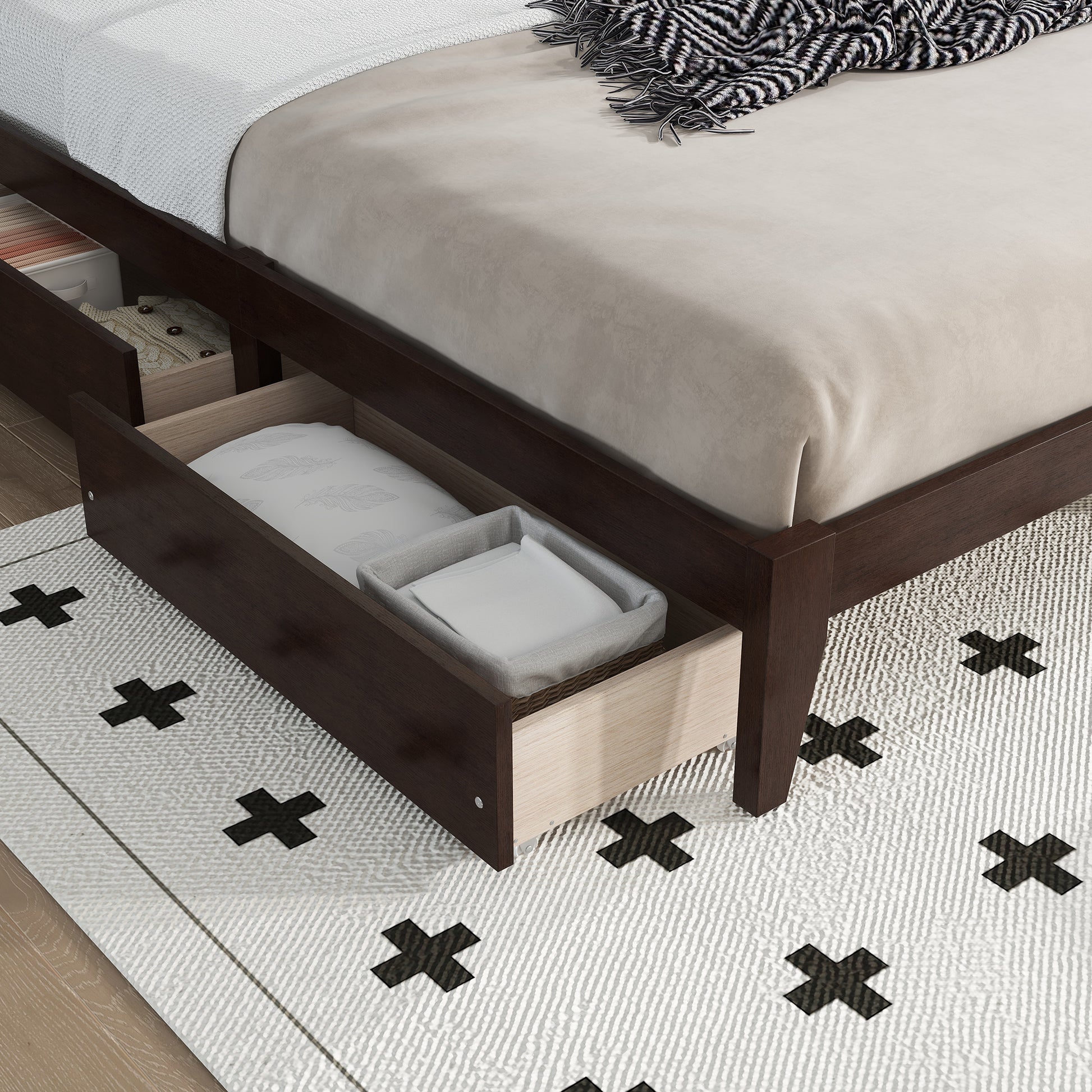 King Size Bed With Rattan Headboard, Two Storage Drawers, Rubber Wood Bed With Enhanced Support Salts And Feet,Espresso King Espresso Rubber Wood