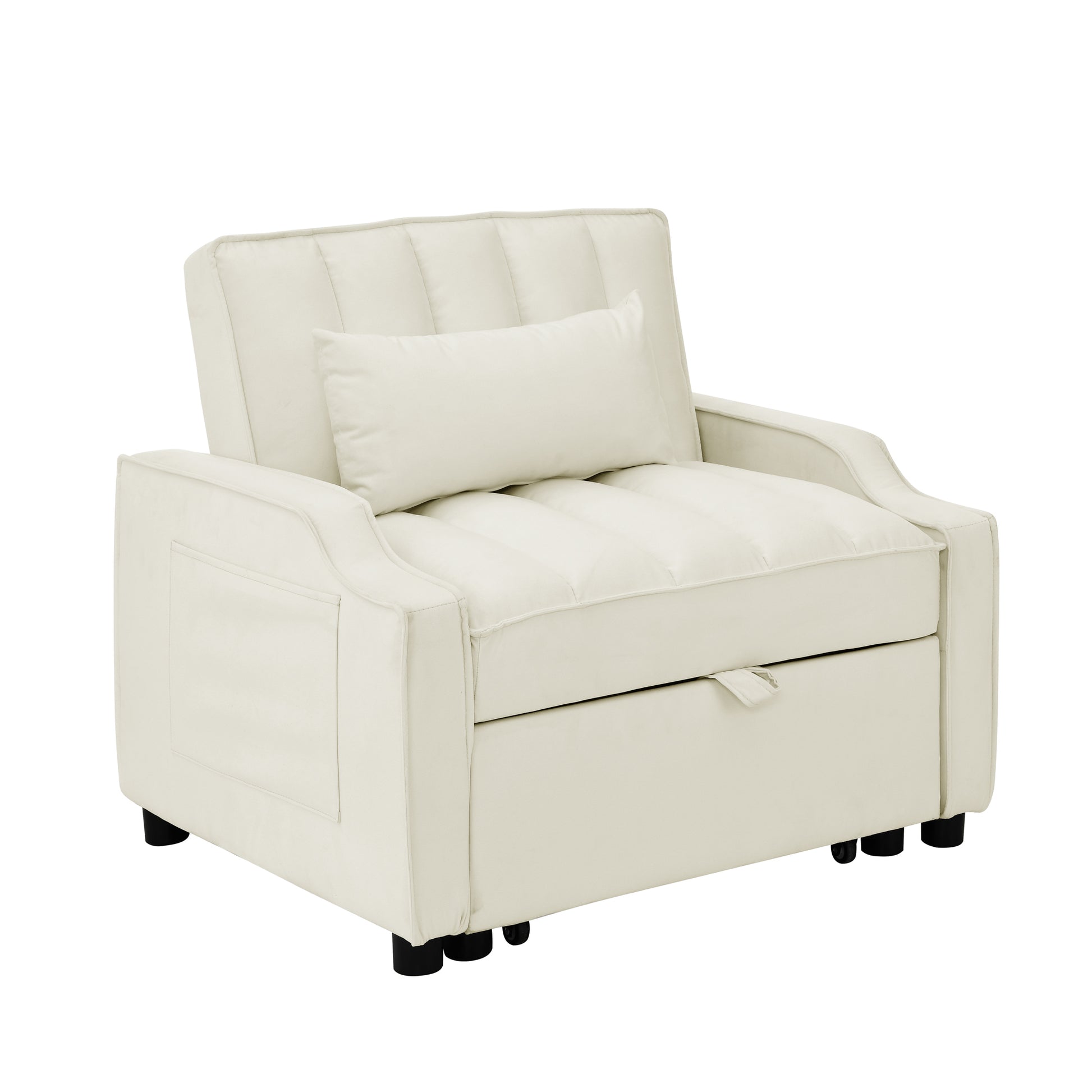 Modern Velvet Armchair Sofa Couch Pull Out Bed,3 In One Convertible For Living Room Sofa Bed,Beige Beige Velvet Cushion Back Medium Soft Medium Duty American Design Pillow Top Arms Foam Velvet 1 Seat