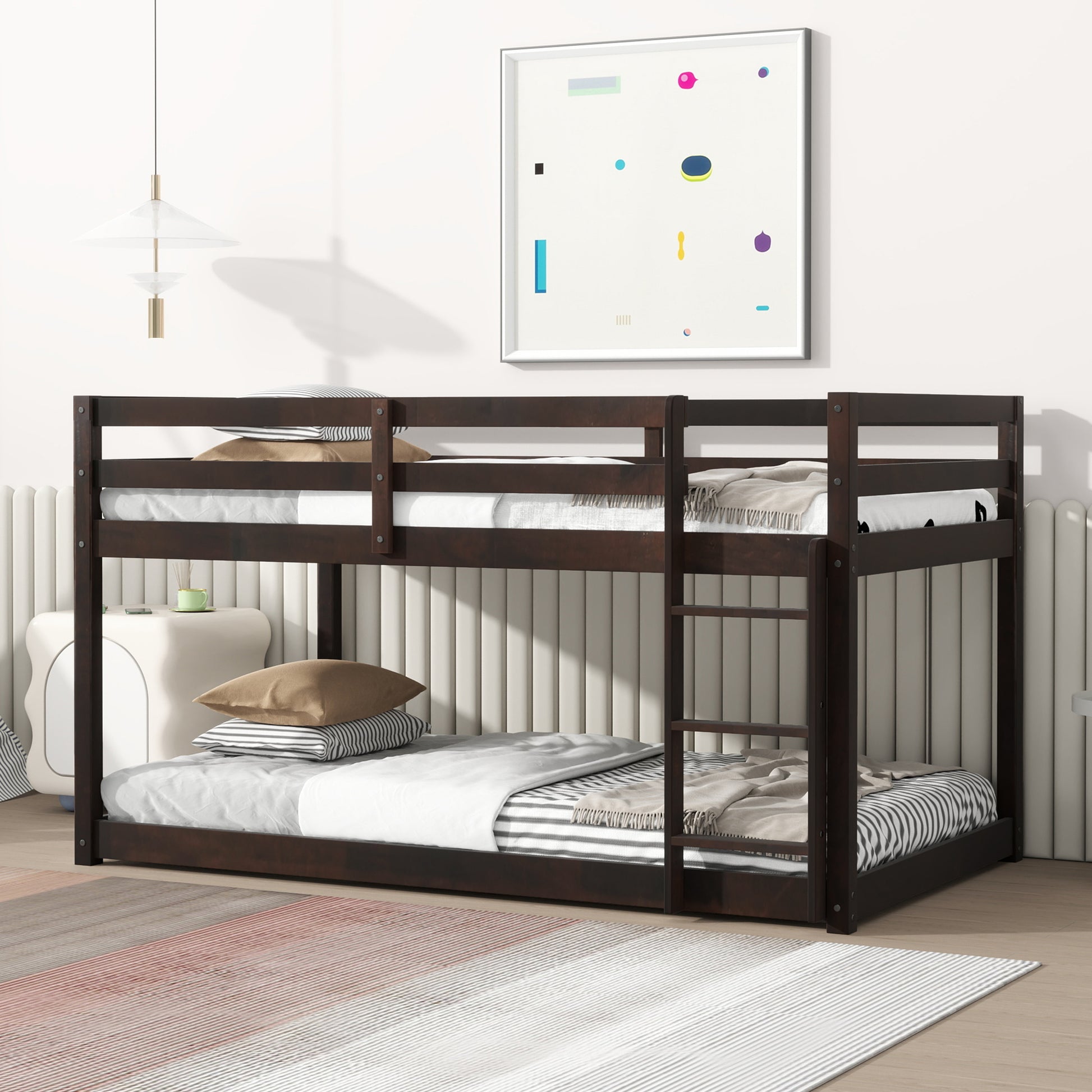 Solid Woodensolid Rubber Wooden Twin Over Twin Loft Bed With Ladder ,Upper And Bottom Bed Platforms Crafted With Strengthened Slats,Espresso Twin Espresso Rubber Wood