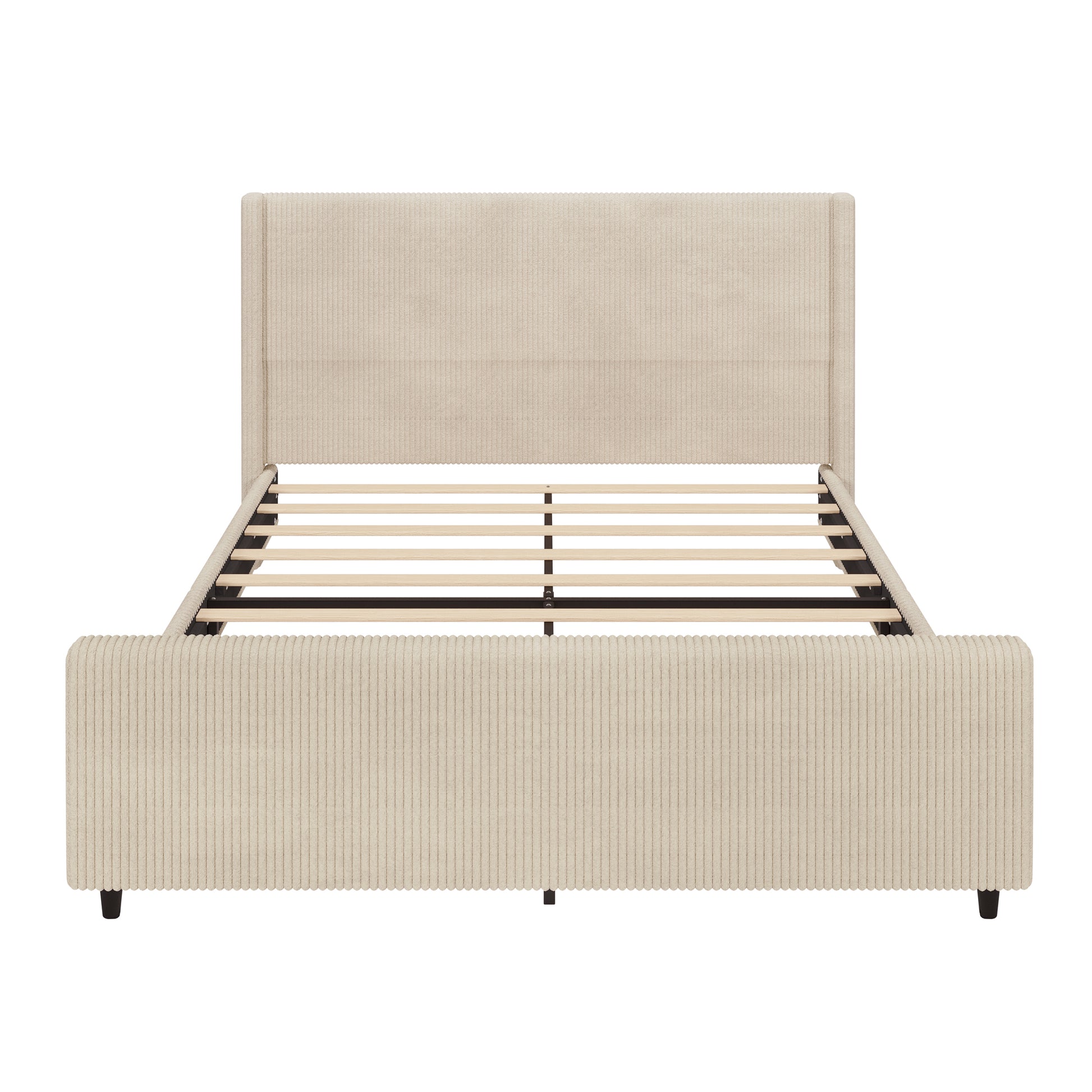 50.7'' High Headboard Corduroy Upholstered Bed Frame With Vertical Stripe Wingback And High Footboard No Box Spring Needed, King Size, Cream Box Spring Not Required King Cream Wood Bedroom Modern Bed Frame Wood