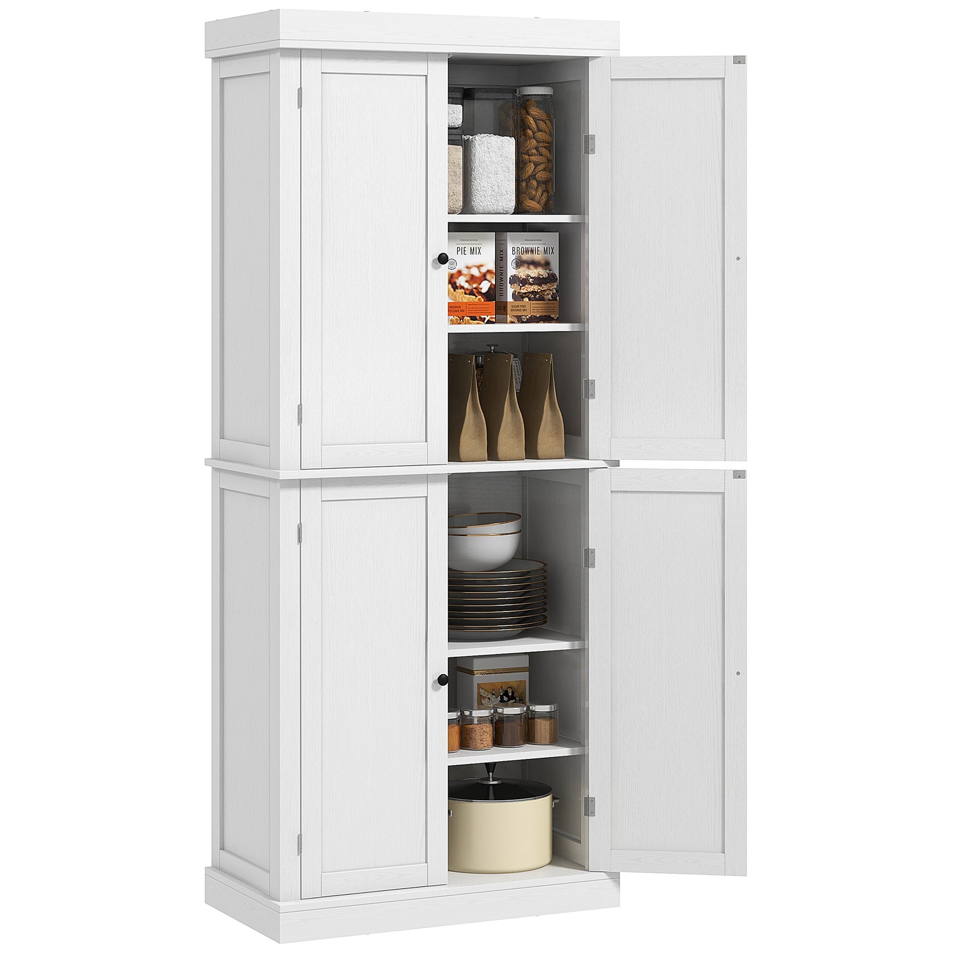 Homcom 72.5" Freestanding Kitchen Pantry Cabinet, Tall Storage Cabinet With 4 Doors And 2 Adjustable Shelves For Dining Room, White Wood Grain White Particle Board