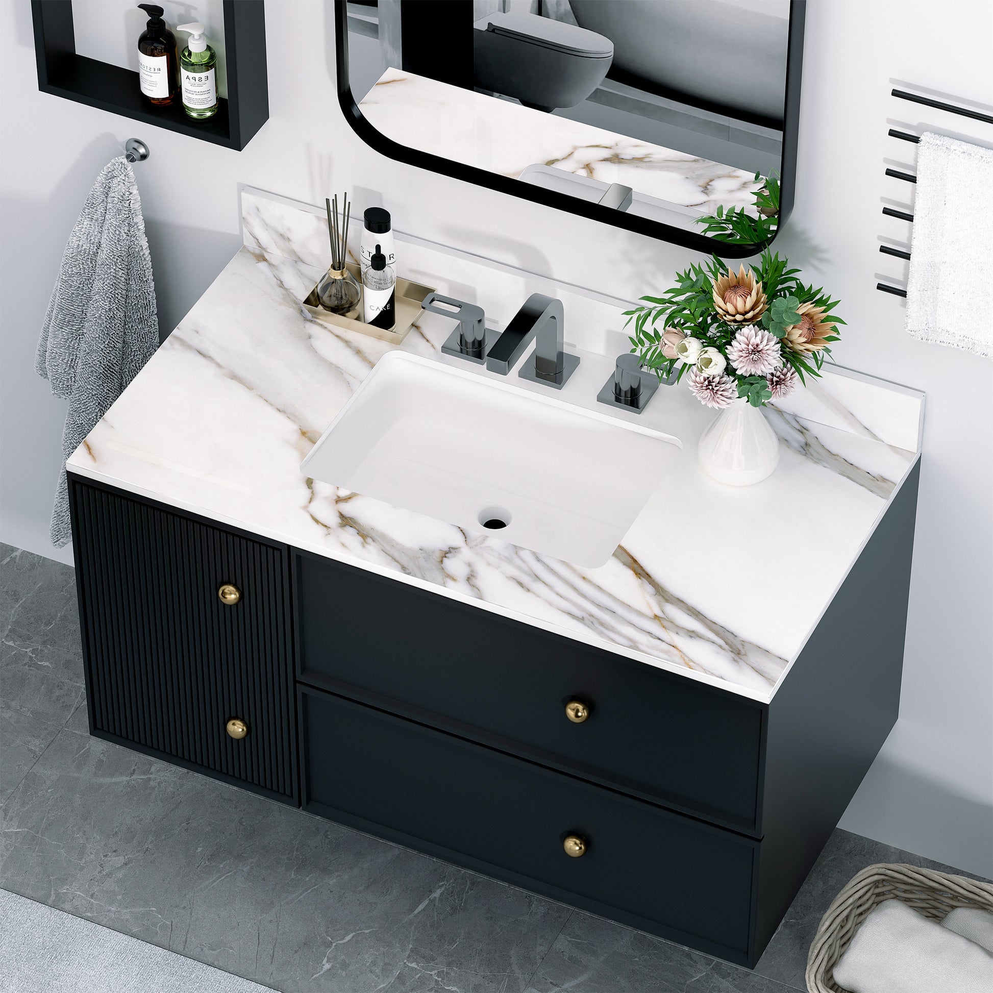 43 Inch Marble Vanity Top, Bathroom Vanity Top With Undermount Rectangular Middle Sink And 4" Height Backsplash, Pre Drilled 8 Inch Faucet Hole Spread Vanity Top, Carrara White With Veins White Marble Bathroom American Design Sintered Stone Sintered