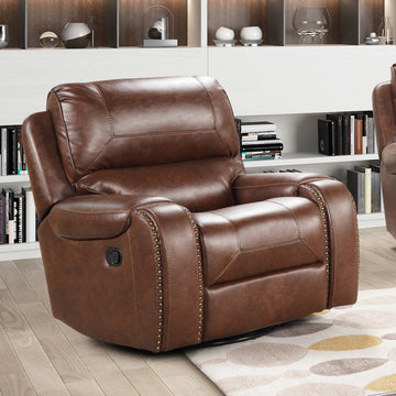 Achern Leather Air Swivel Glider Recliner Brown Espresso Manual Handle Wood Primary Living Space Medium Firm Cushion Back Traditional Handle Pillow Top Arms Faux Leather