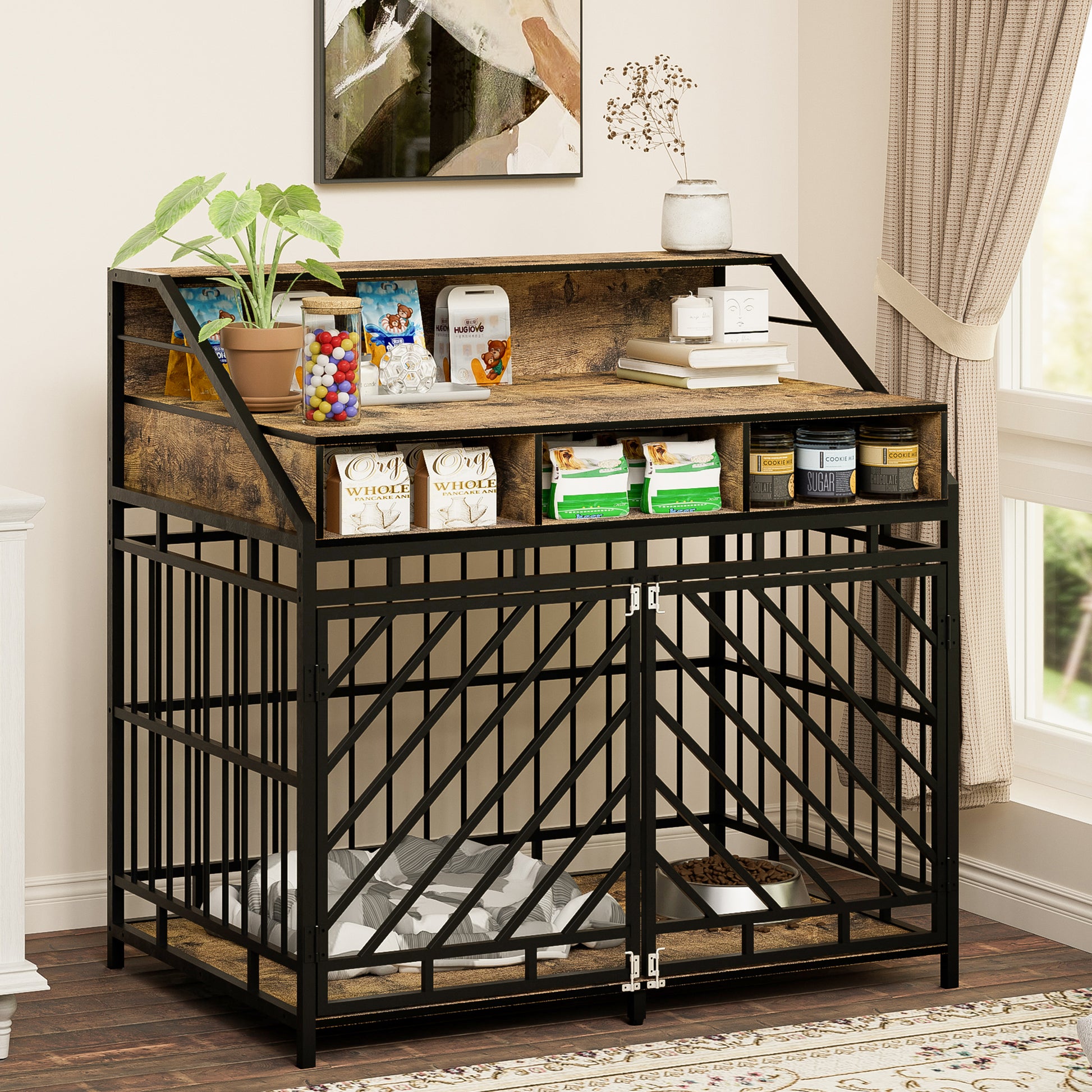 43.3 Inch Dog Crate Furniture For Large Dogs,Wooden Dog Crate With Divider,Double Door Dog Kennel With Three Drawers Storages,Heavy Duty Dogs Decorative Pet House For Large Medium Dogs ,Rustic Brown