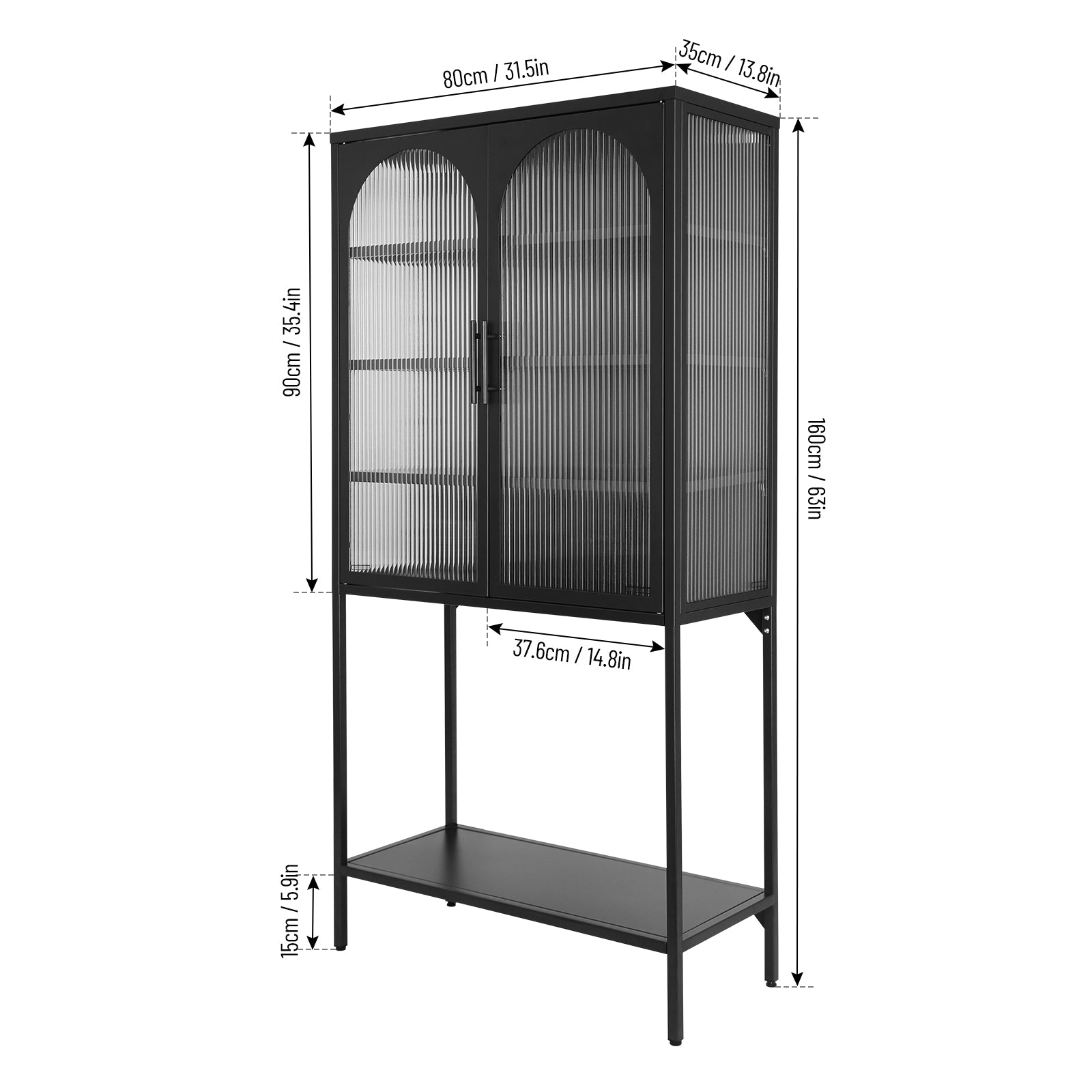 Elegant Floor Cabinet With 2 Glass Arched Doors Living Room Display Cabinet With Adjustable Shelves Anti Tip Dust Free Easy Assembly Black Black Tempered Glass Sheet Metal Plastic