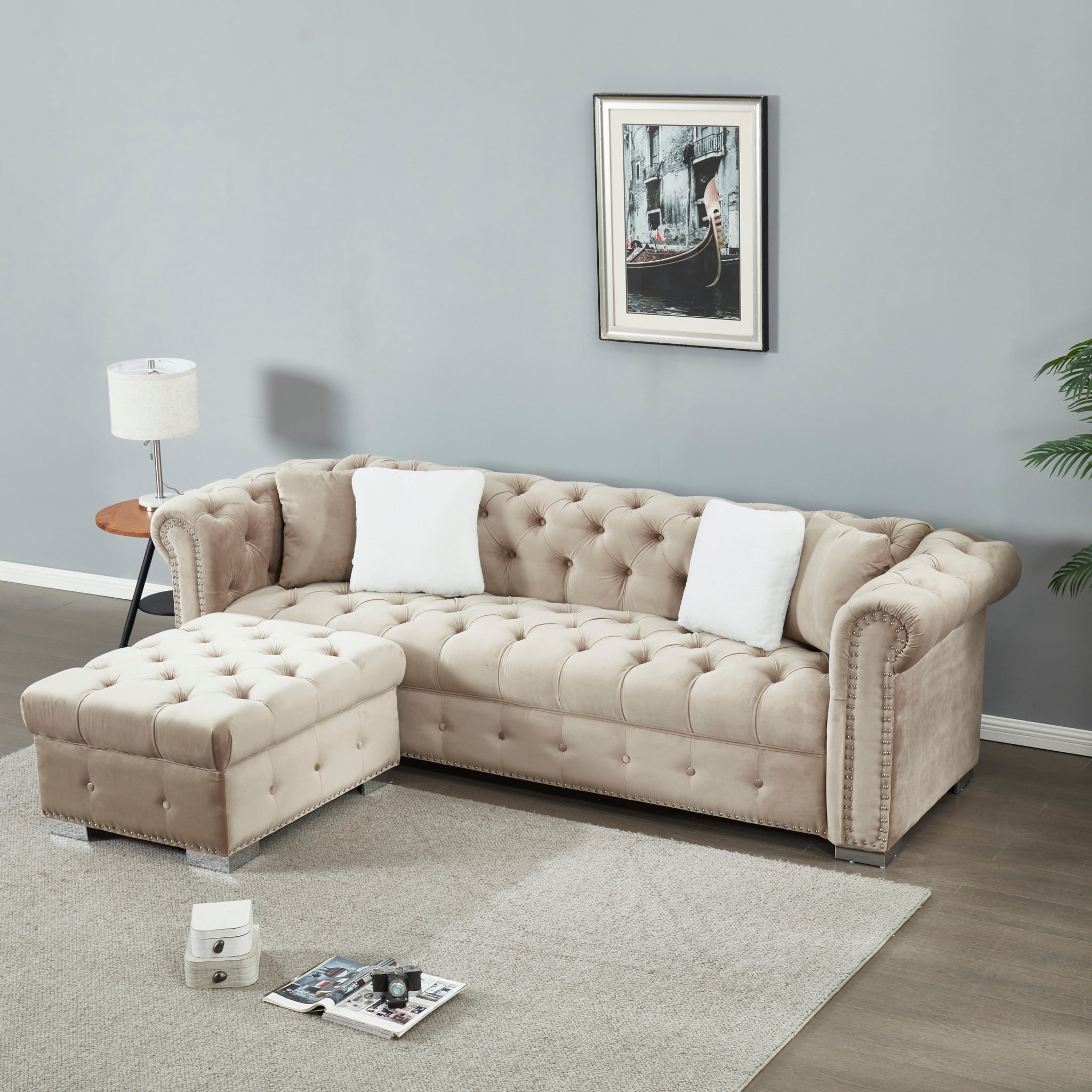 Reversible Sectional Sofa 4 Seater Oversized Convertible L Shaped Couch Velvet Sofa Couch Light Camel Velvet 4 Seat