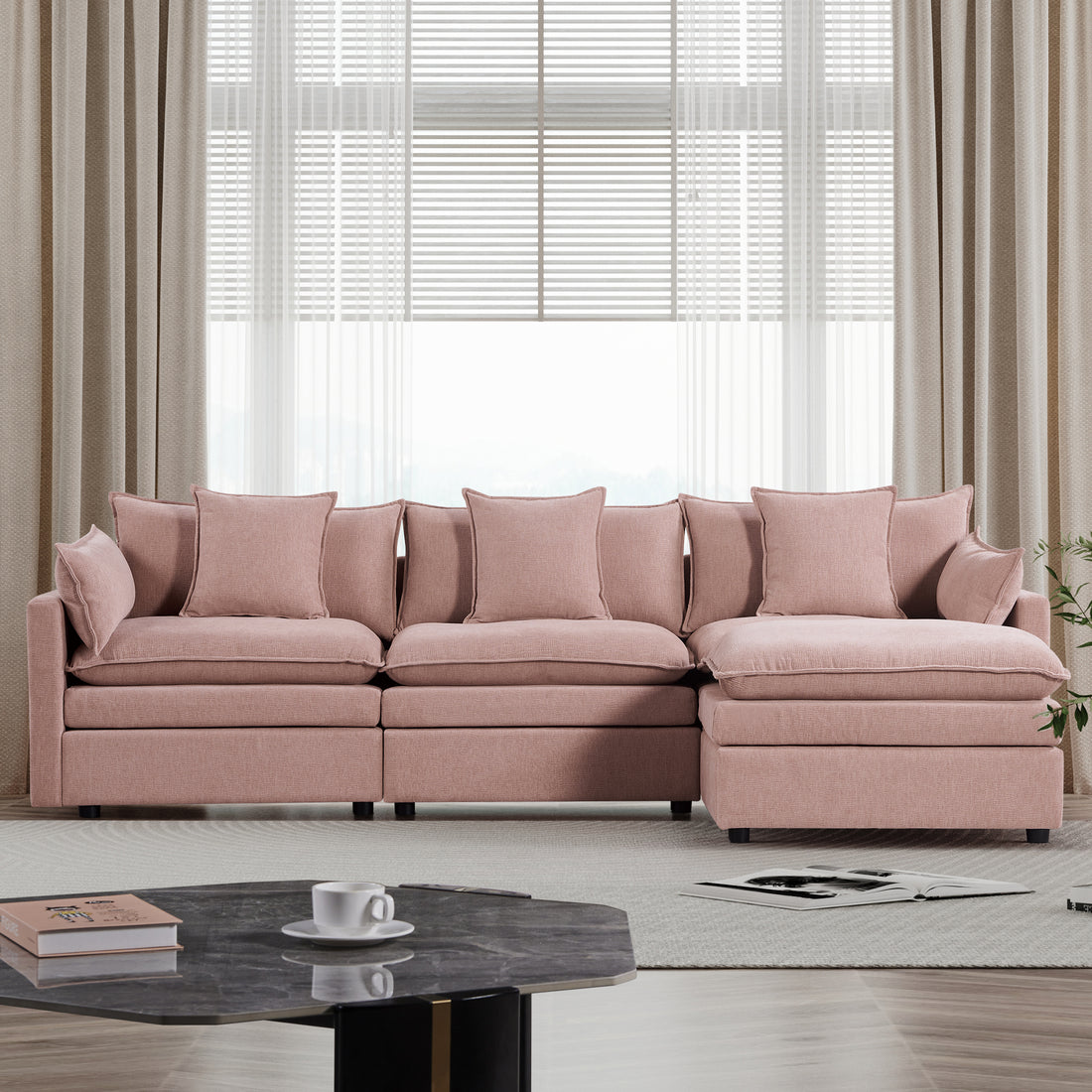 108.66"Modern Chenille L Shaped Sectional Sofa With Convertible Chaise, Comfy Cloud Couch Deep Sectional Sofa With Ottomans For Living Room Pink Wood Foam Chenille 3 Seat