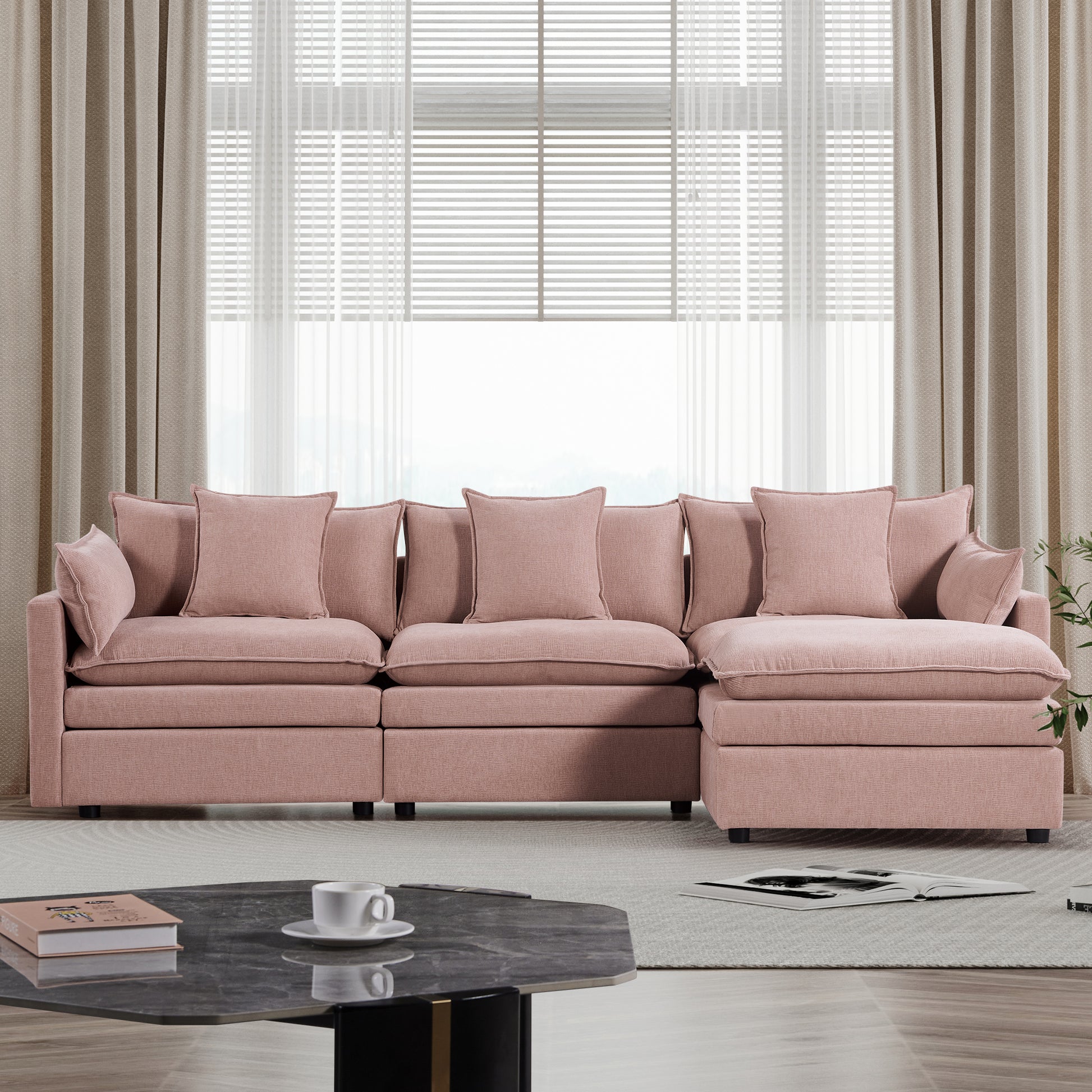 108.66"Modern Chenille L Shaped Sectional Sofa With Convertible Chaise, Comfy Cloud Couch Deep Sectional Sofa With Ottomans For Living Room Pink Wood Foam Chenille 3 Seat