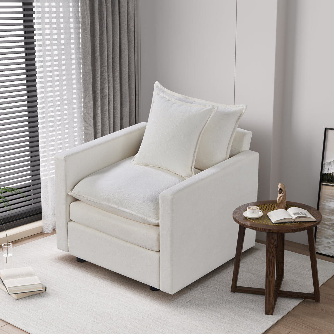 Chenille Fabric Comfy Deep Single Seat Sofa Upholstered Reading Armchair Living Room White Foam Chenille 1 Seat