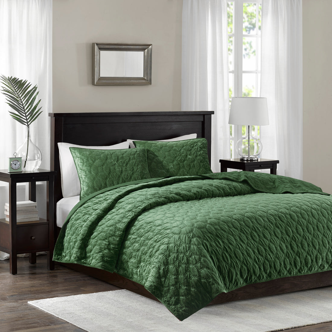 3 Piece Velvet Quilt Set Green Full Queen Full Green Cotton