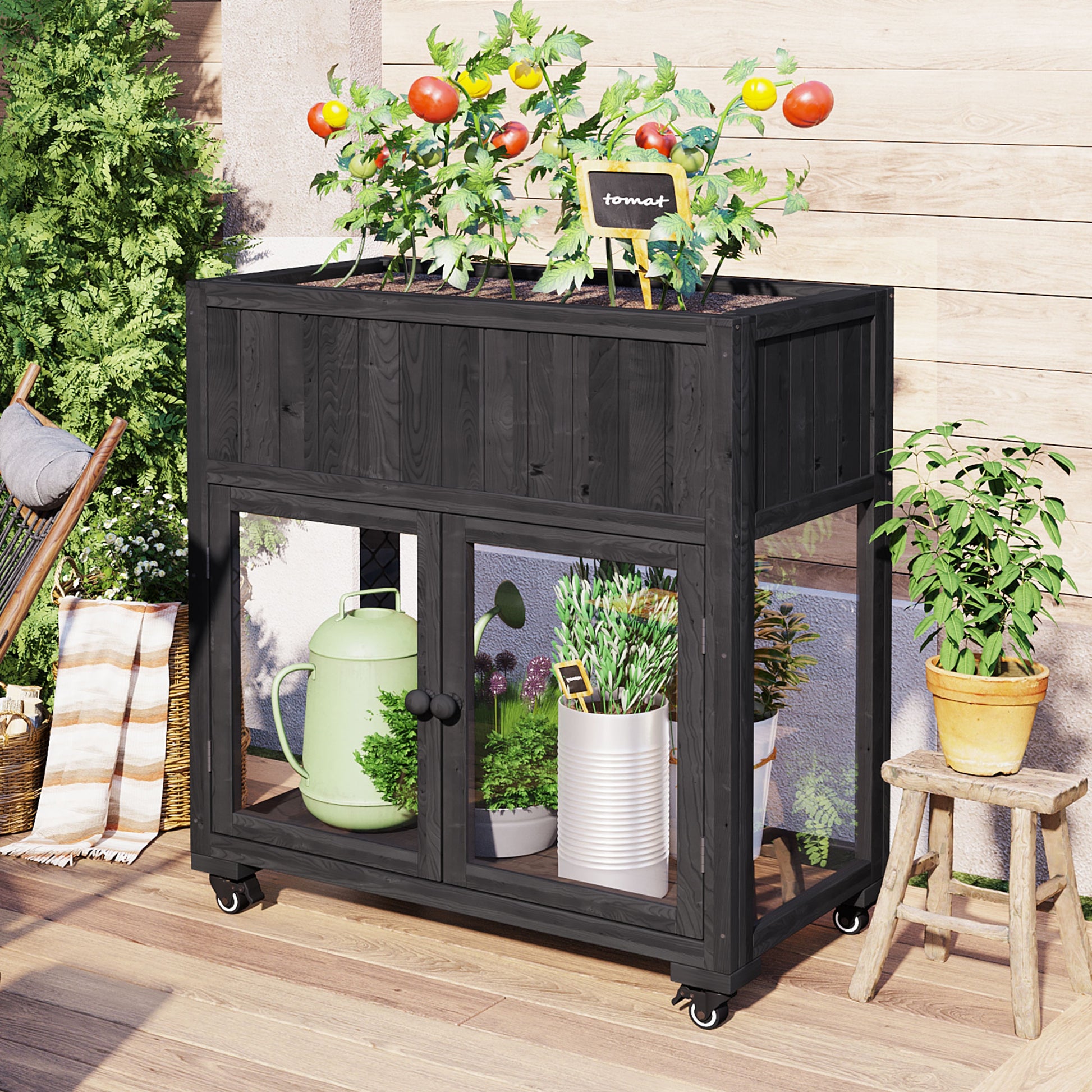 Patio 35.4''X17.7''X37.4'' Mini Wood Cold Frame, Compact 2 Doors Garden Greenhouse With Wheels, Raised Bed With Liner For Indoor Outdoor Use, Black Black Garden & Outdoor Casual Wood