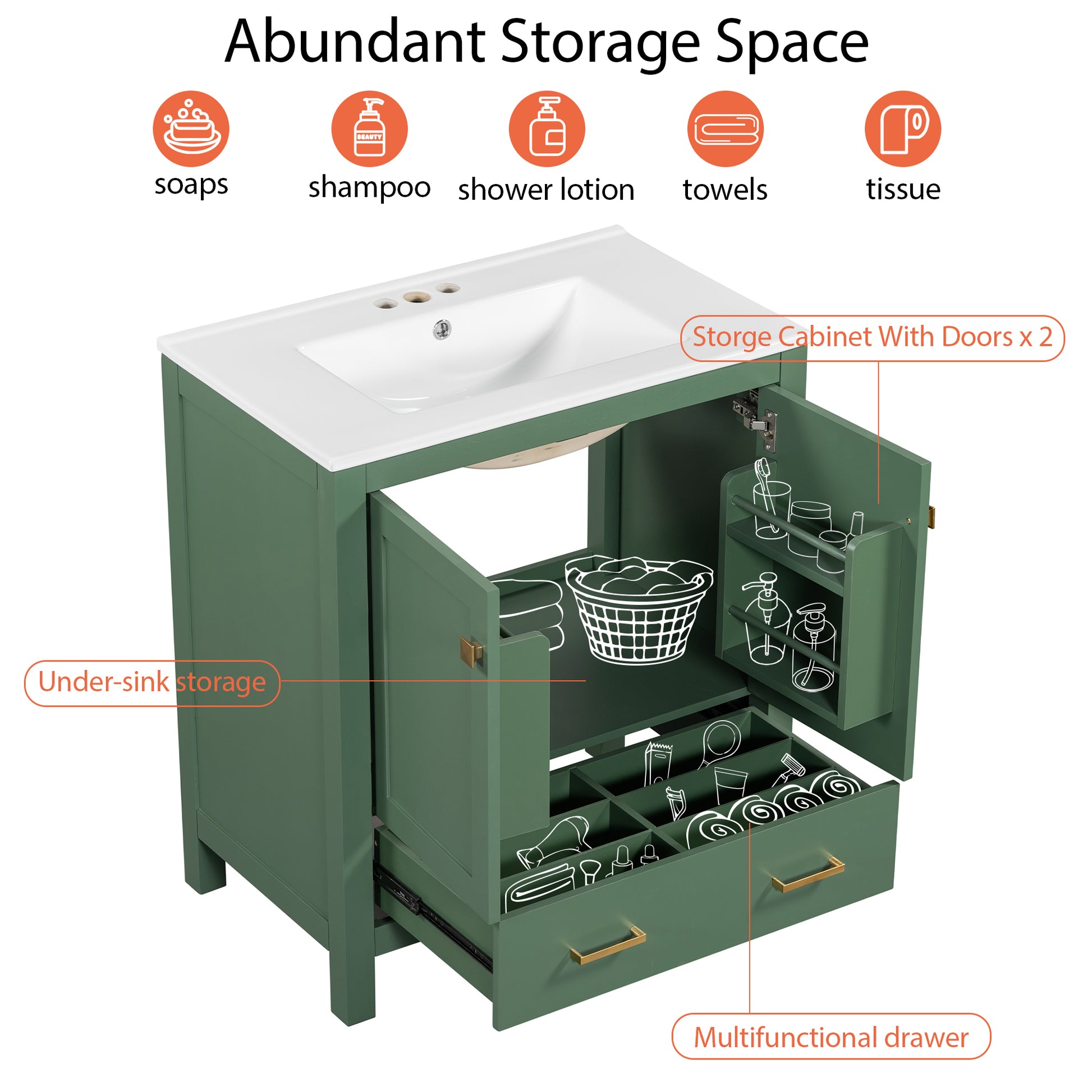 30 Inch Green Bathroom Vanity With Single Sink, Combination Under Counter Sink, Bathroom Storage Cabinet With 2 Doors And A Drawer, Soft Closure, Multifunctional Storage, Solid Wood Frame Green Bathroom Solid Wood Mdf