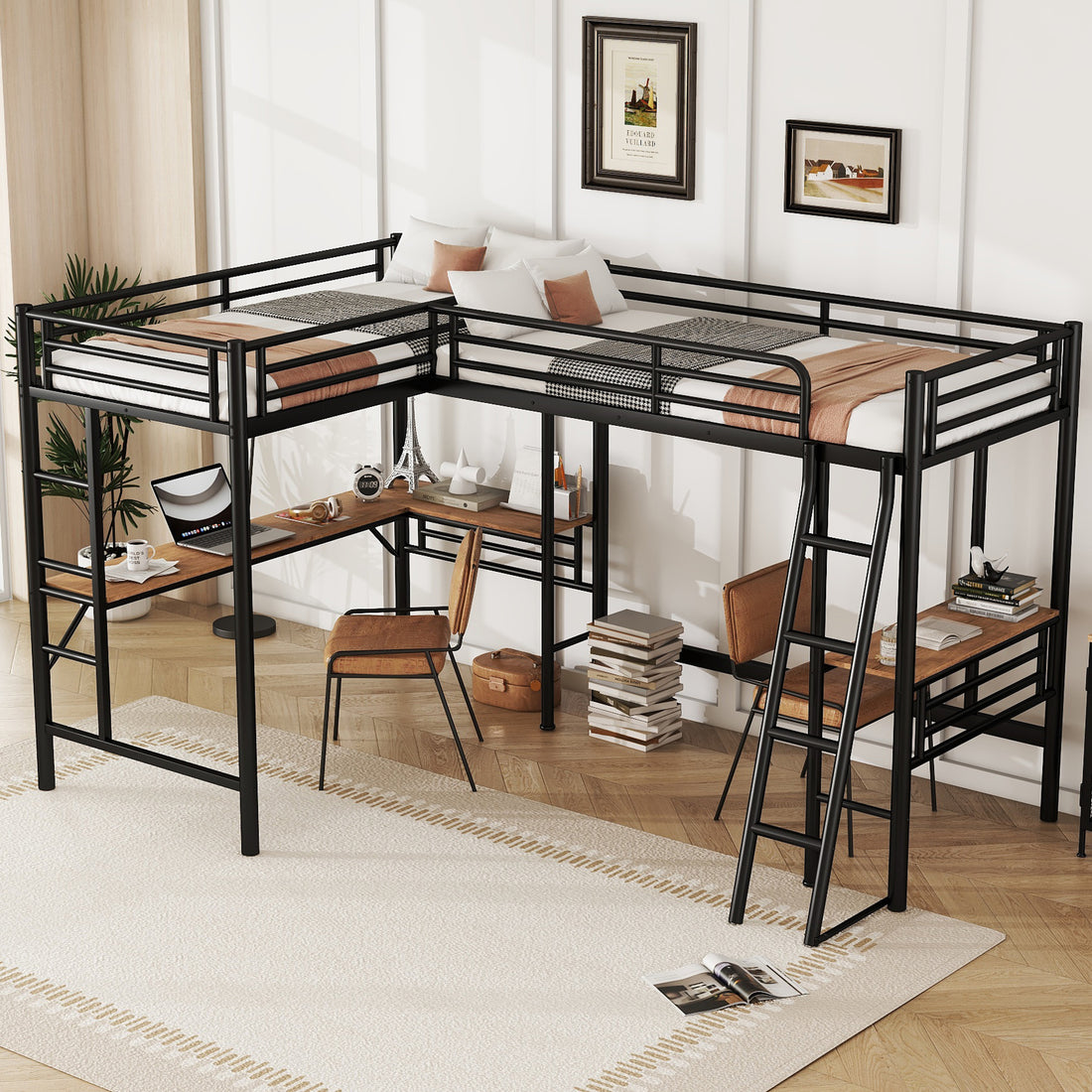 Twin Size Metal Loft Bed With Two Built In Desks,Black Twin Black Metal