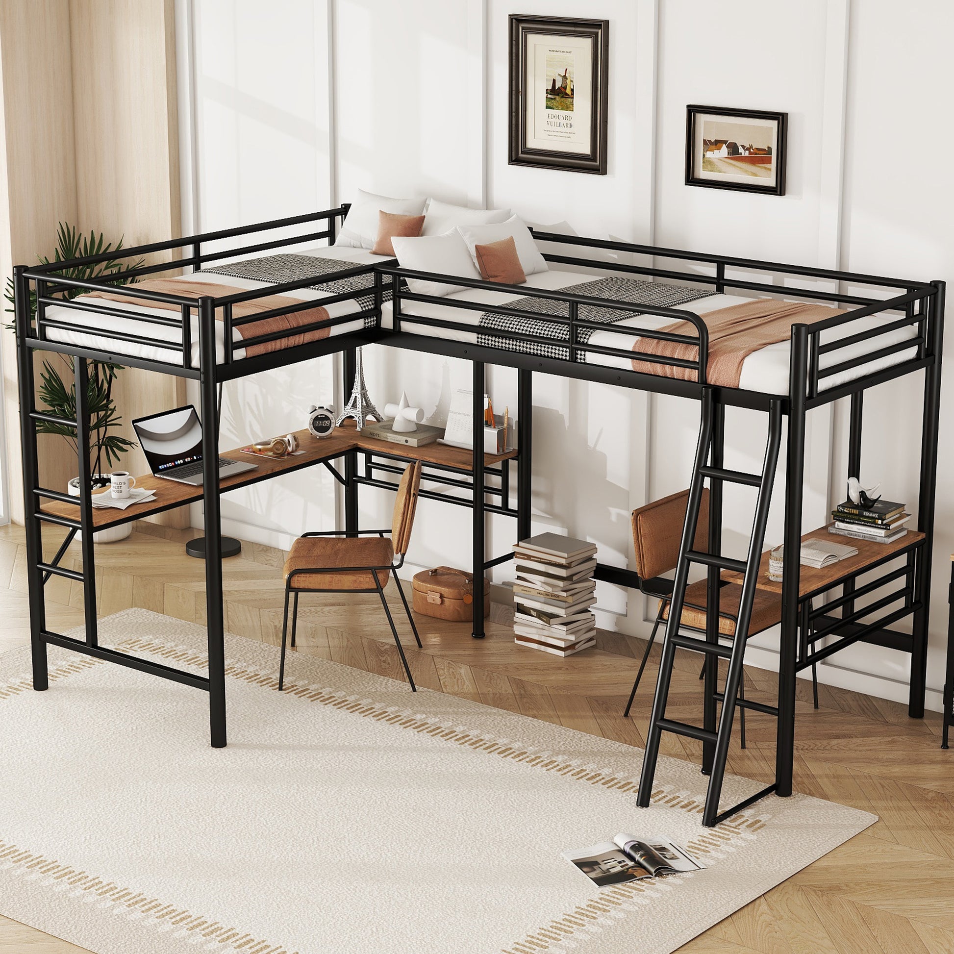 Twin Size Metal Loft Bed With Two Built In Desks,Black Twin Black Metal