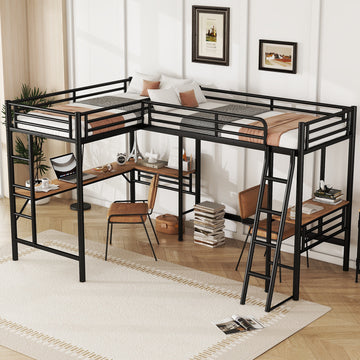 Twin Size Metal Loft Bed With Two Built In Desks,Black Twin Black Metal