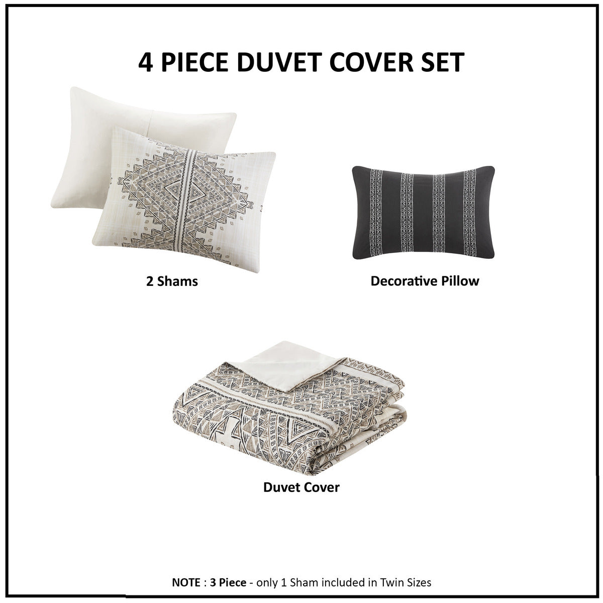 4 Piece Printed Duvet Cover Set With Throw Pillow Queen Black Ivory Polyester