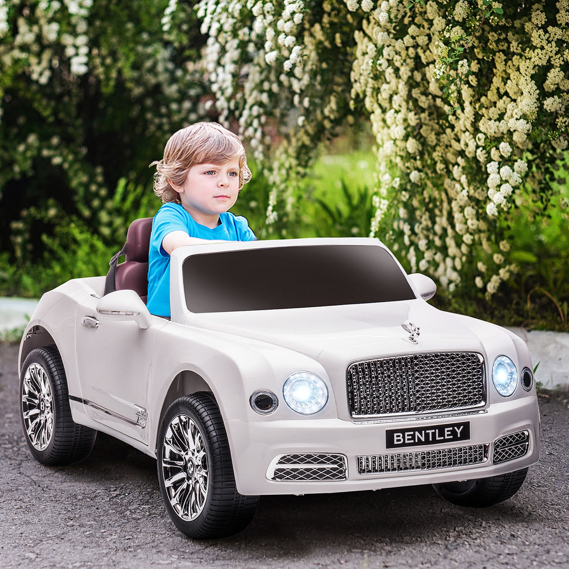 Aosom Bentley Mulsanne 12V Ride On Car, Battery Powered Car With Remote Control, Suspension, Startup Sound, Led Lights, Mp3, Horn, Music, Forward And Backward, 2 Motors, White White Iron Plastic