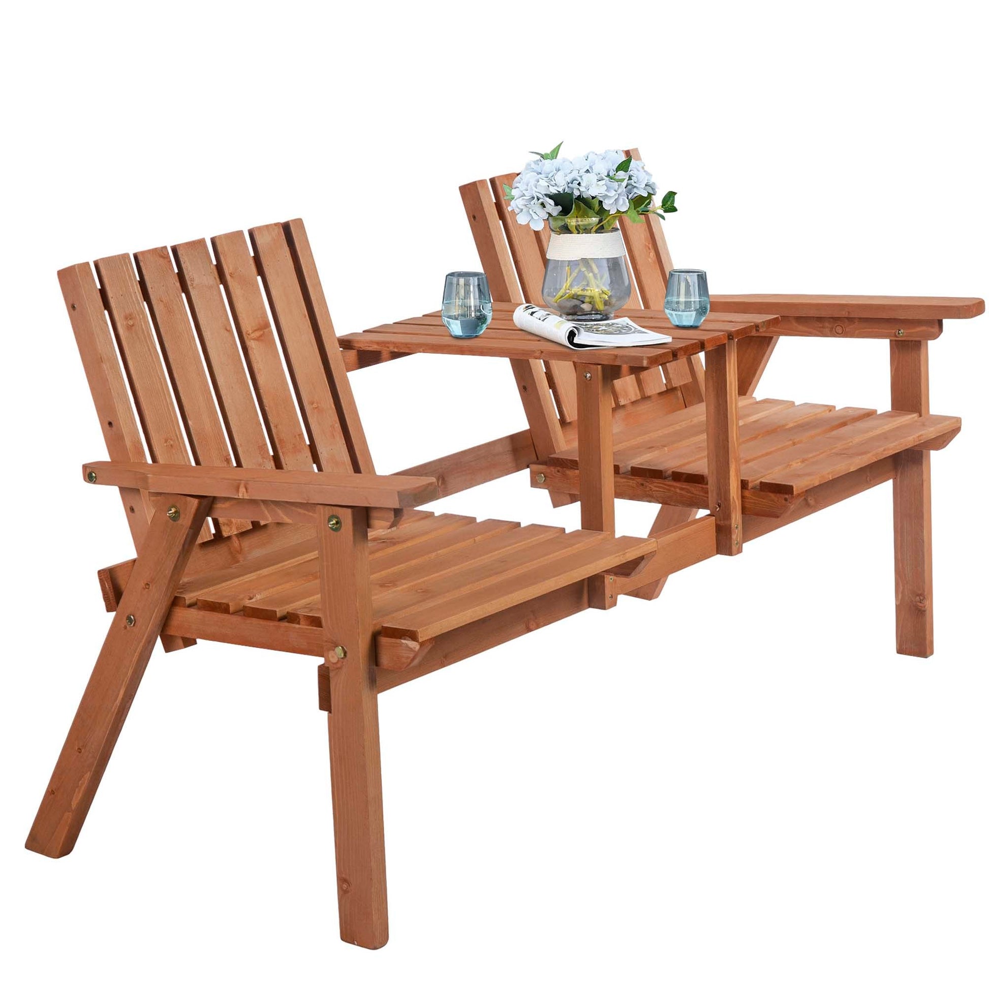 Outsunny Patio Bench, Garden Bench With Middle Table And Umbrella Hole, Wooden Outdoor Bench For Patio, Porch, Poolside, Balcony, Orange Orange Wood