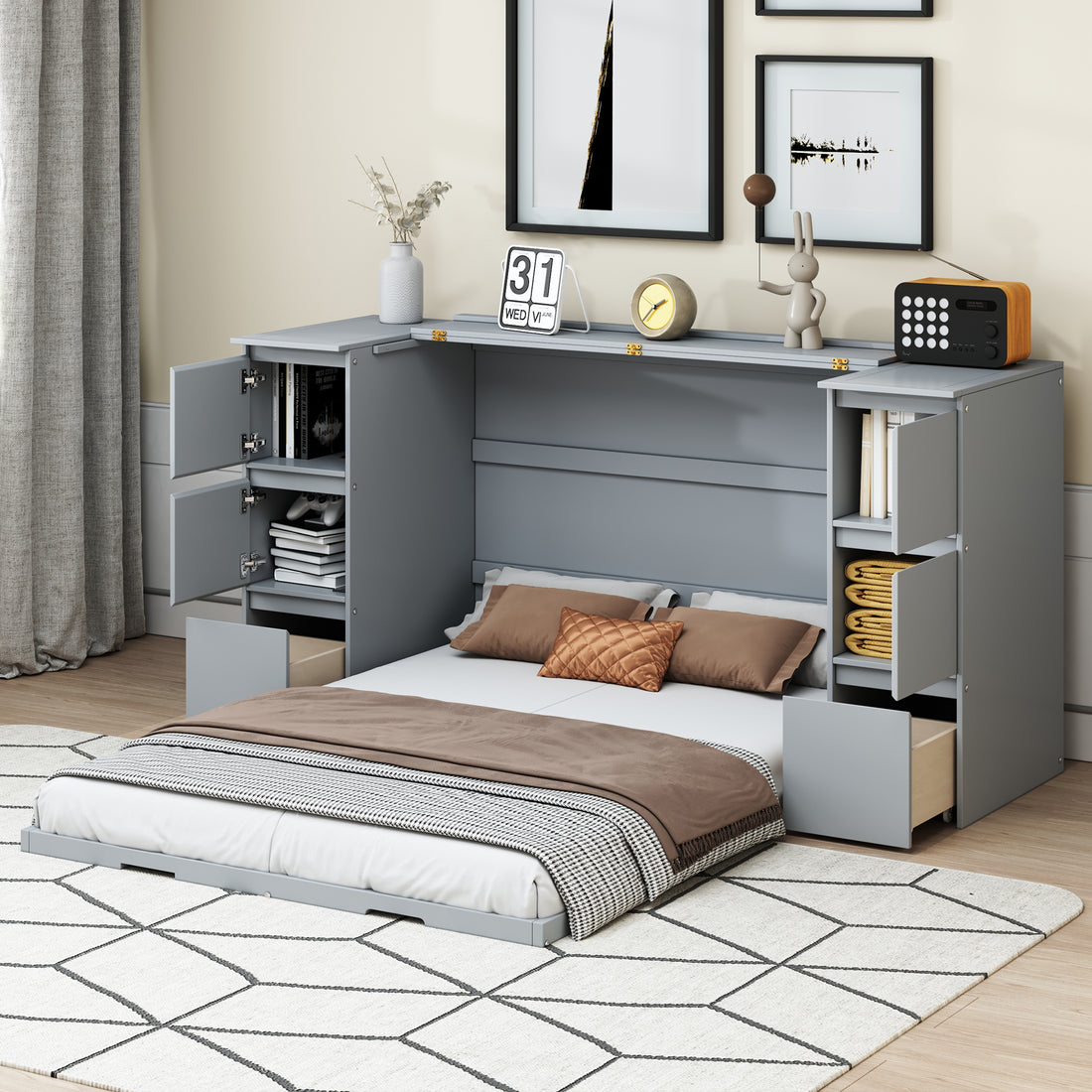 Full Size Murphy Bed With Drawers, Cabinets And Usb Ports,Gray Full Gray Mdf Lvl