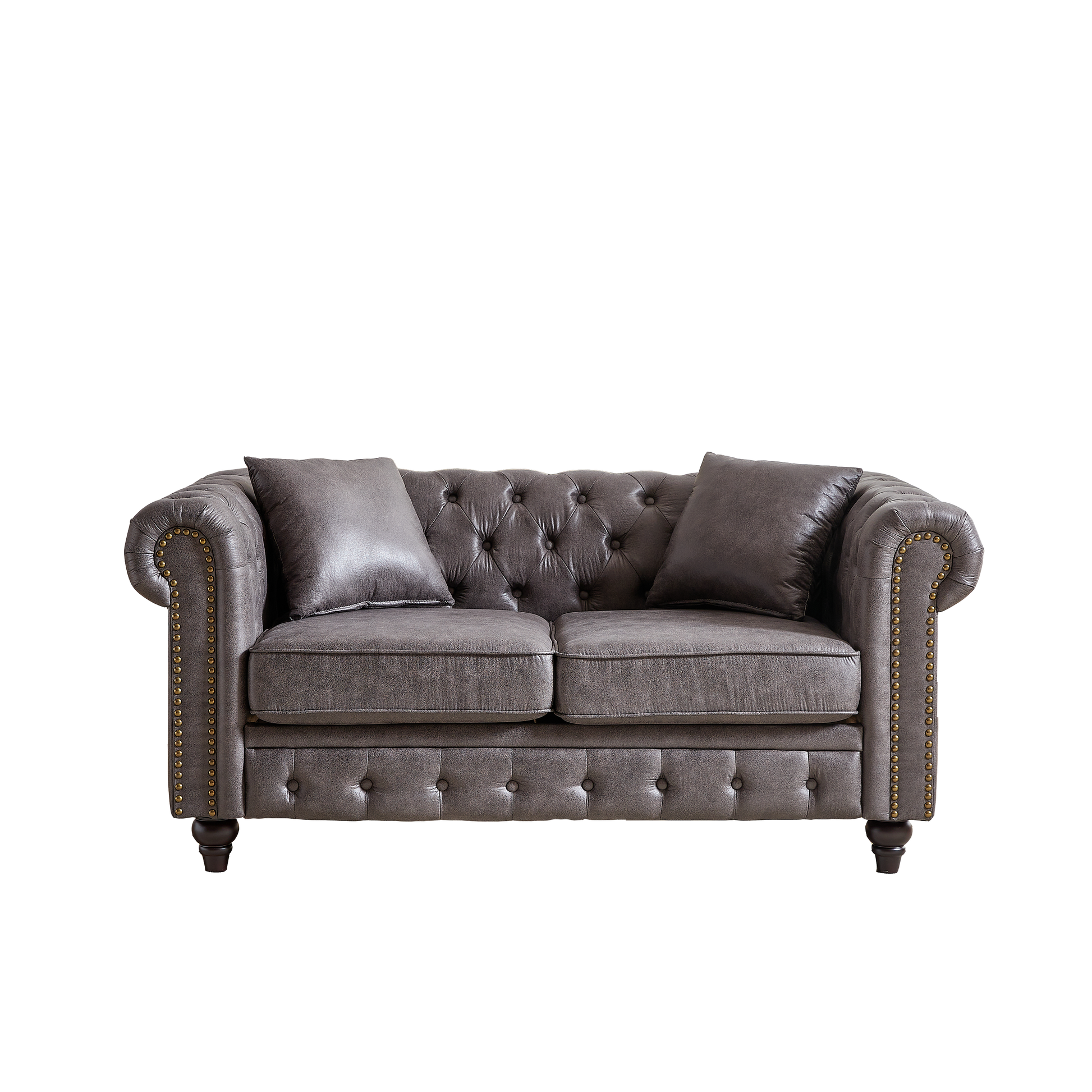 Fx 63.5" Contemporary Design Chesterfield Sofa, Tech Fabric Button Design Living Room Sectional, Button Tufted With Nail Design Arms With 2 Pillows, Upholstered Upholstery And Wooden Legs Grey Wood Primary Living Space Pine Foam Fabric 3 Seat