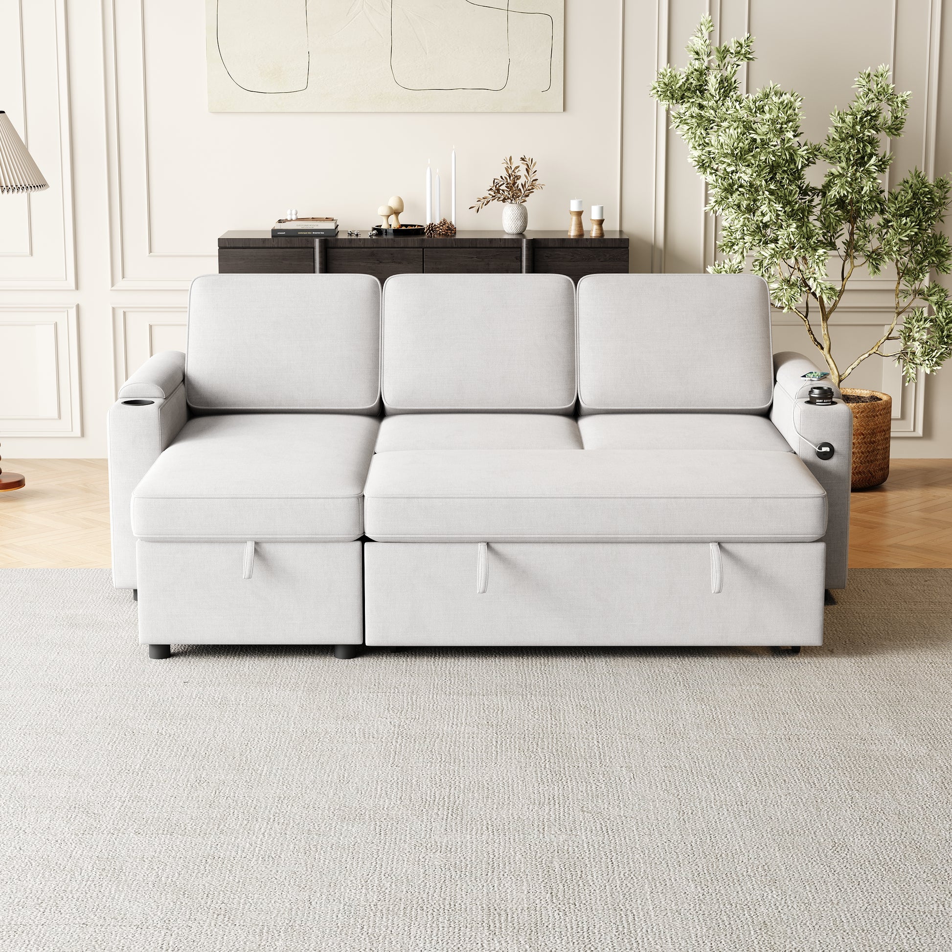 Mh85.8" Sleeper Sofa, Sofa Bed 2 In 1 Pull Out Sofa Bed With Storage Sofa, Sofa Sleeper With Pull Out Bed With Charging Port Light Grey Polyester Primary Living Space Eucalyptus Polyester Fabric 3