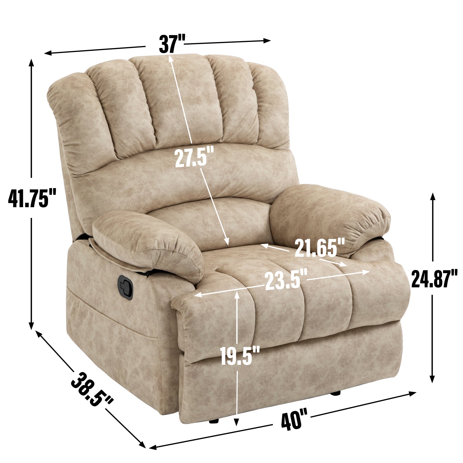 Large Manual Recliner Chair In Fabric For Living Room, Beige Beige Velvet Manual Handle Metal Primary Living Space Medium Firm Cushion Back Heavy Duty American Design Pine Pillow Top Arms Fiber Foam And Polyester Fiber Pad Fabric