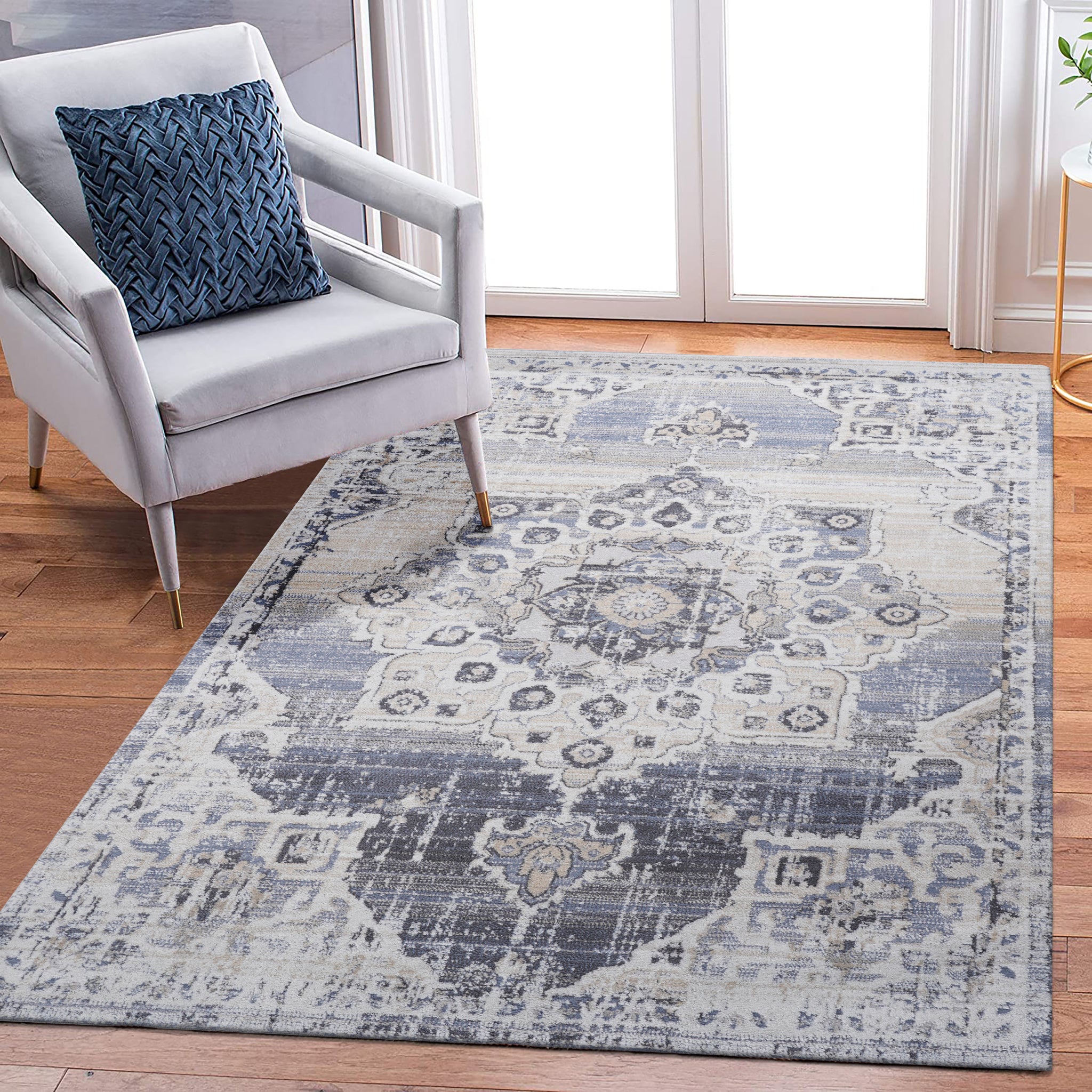 8X10 Cream Blue Medallion Non Shedding Living Room Bedroom Dining Home Office Stylish And Stain Resistant Area Rug Cream Blue Polyester