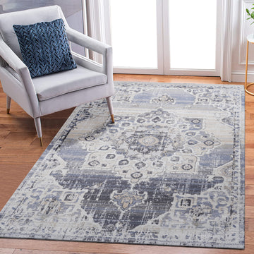 6X9 Cream Blue Medallion Non Shedding Living Room Bedroom Dining Home Office Stylish And Stain Resistant Area Rug Cream Blue Polyester