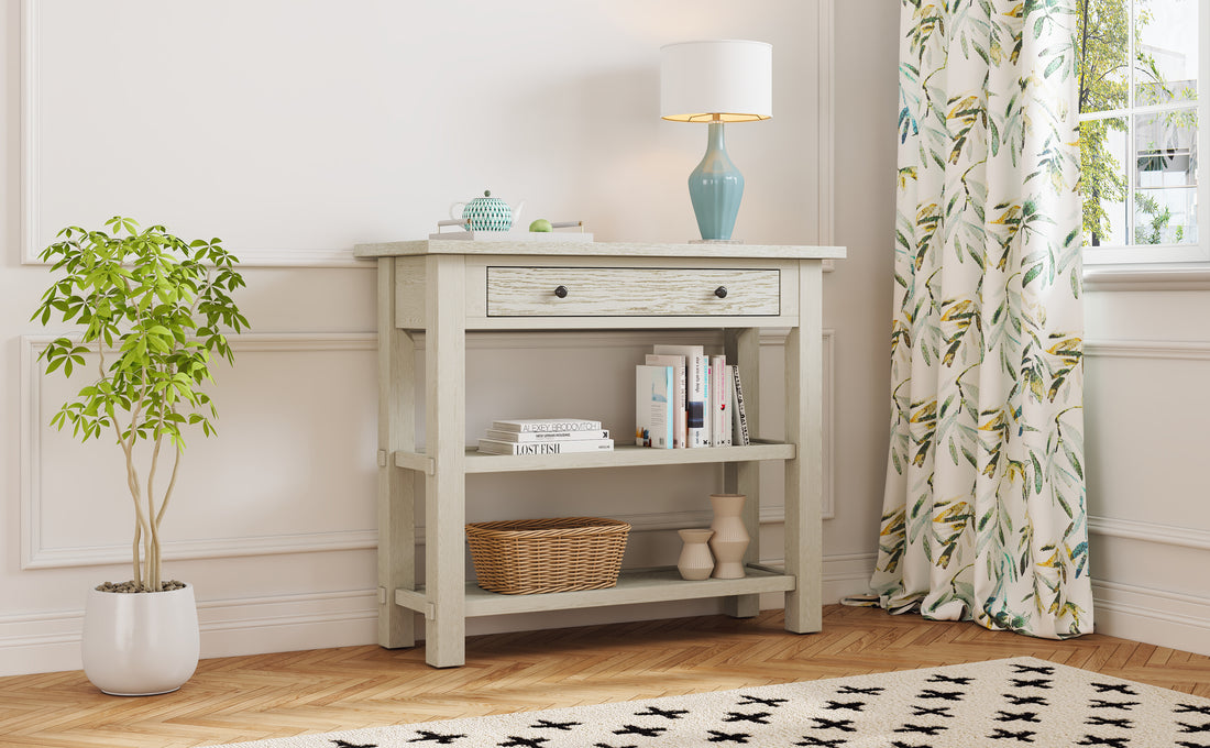 Retro Console Table With Drawer And Two Sturdy Shelves For Entryway, Living Room Gray Wash Gray Wash Mdf,Rubber Wood