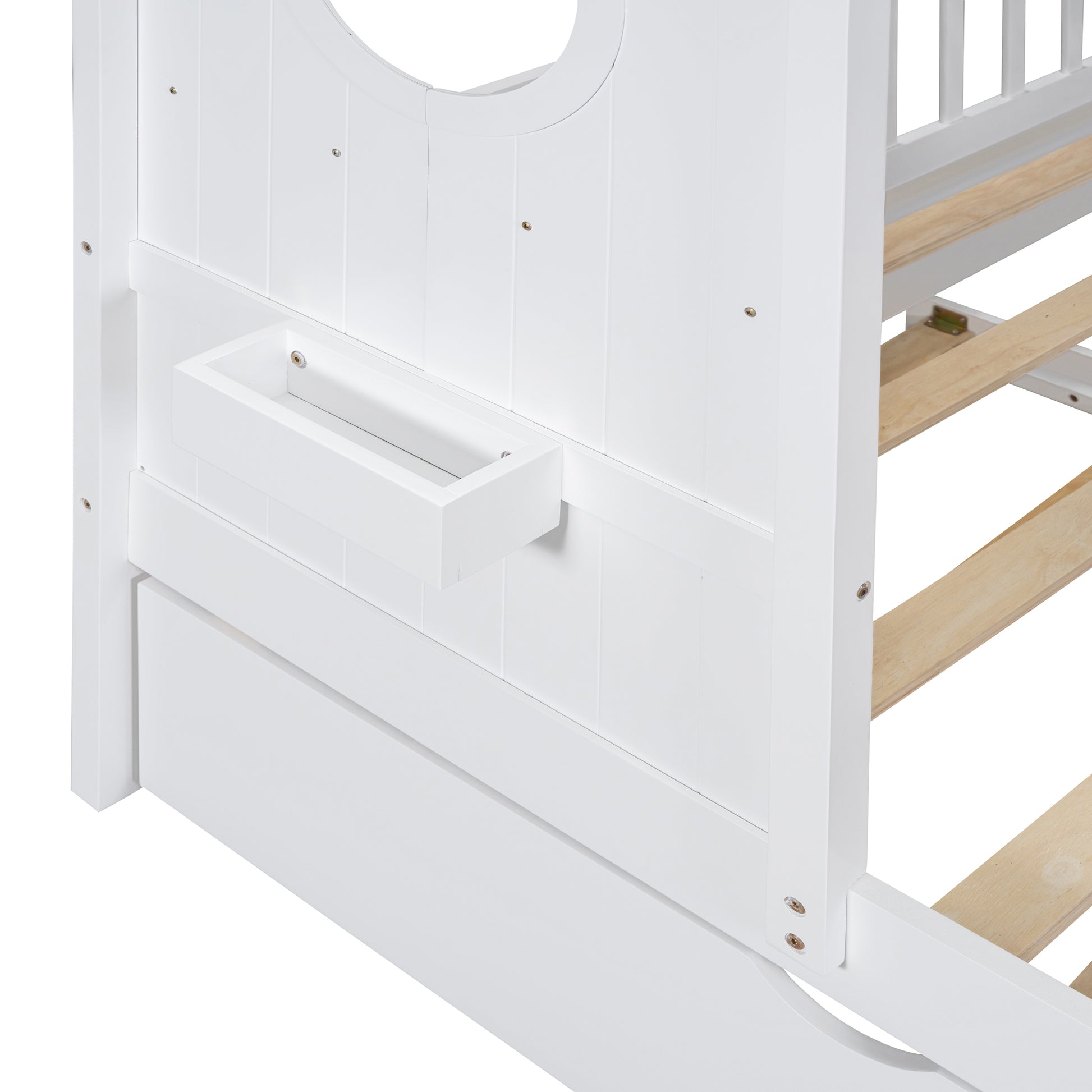 Wooden Full Size House Bed With Trundle, Modern Design For Kids With Storage Shlef, White Full White Solid Wood