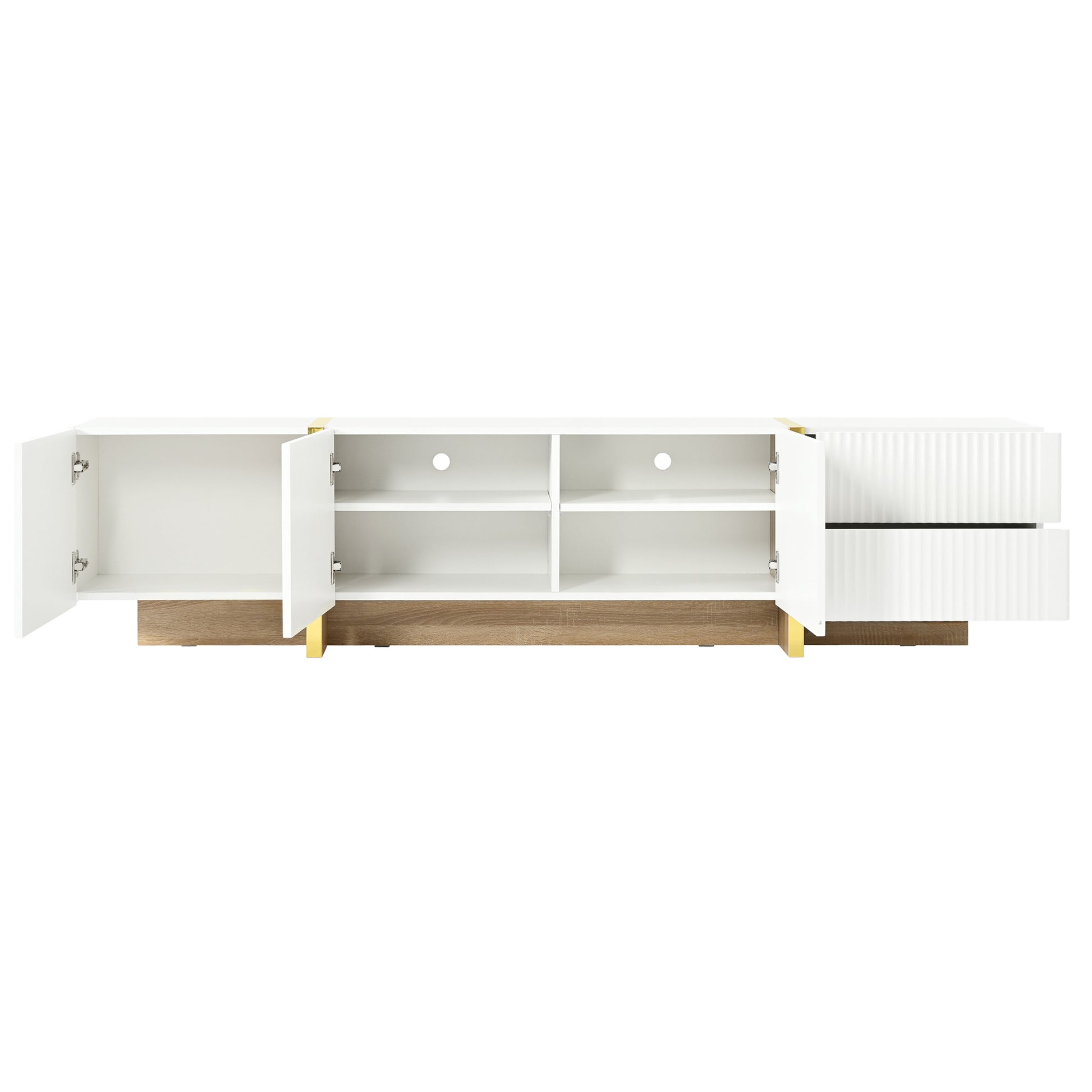 Luxury Fluted Tv Stand For Tvs Up To 80'', Modern Entertainment Center With Storage Cabinets & Drawers, Smooth Media Console With Golden Wood Grain Legs For Living Room, White White Primary Living Space 80 89 Inches Particle Board Mdf